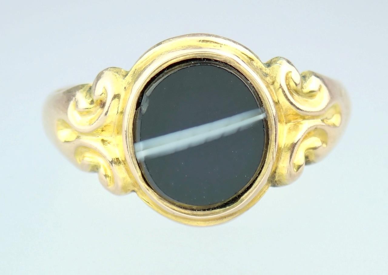 Fine Antique Edwardian Solid 9K Rose Gold Banded Agate Signet Pinky Ring 1904 8