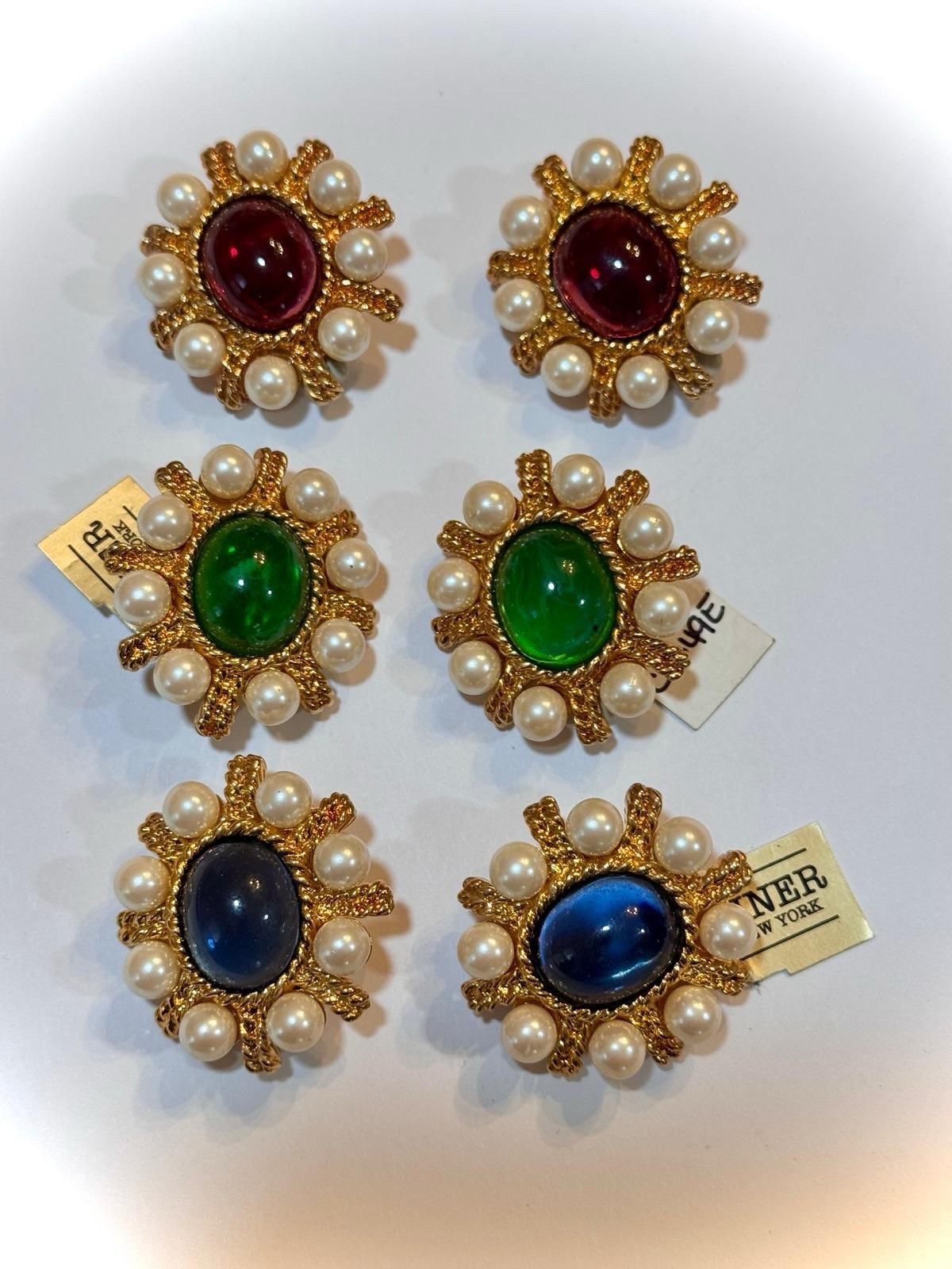 Vintage NOS Ciner Ruby, Emerald & Blue Gripoix Glass Cabochon & Pearl Earrings!