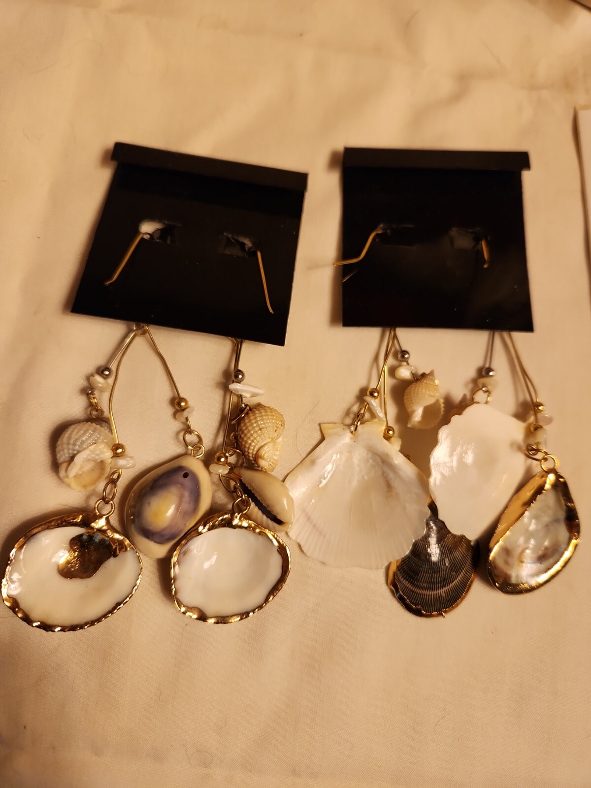 Vtg Sea shell pendant gold trim foil natural estate Lot 4″Dangle Earring Jewelry