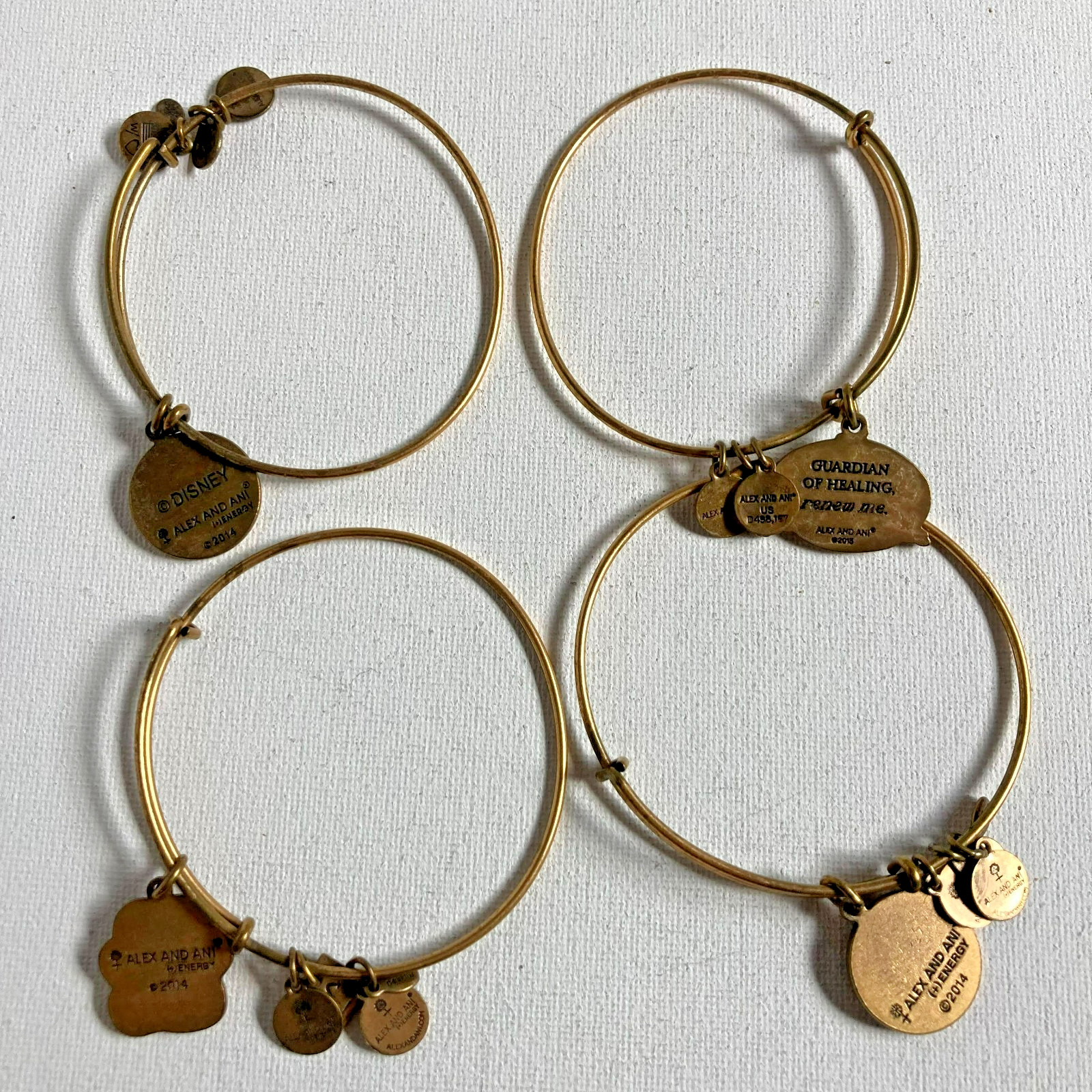 Bracelets 4 Vintage Alex and Ani Brass Friend with Flower Micky Mouse Angel Paw
