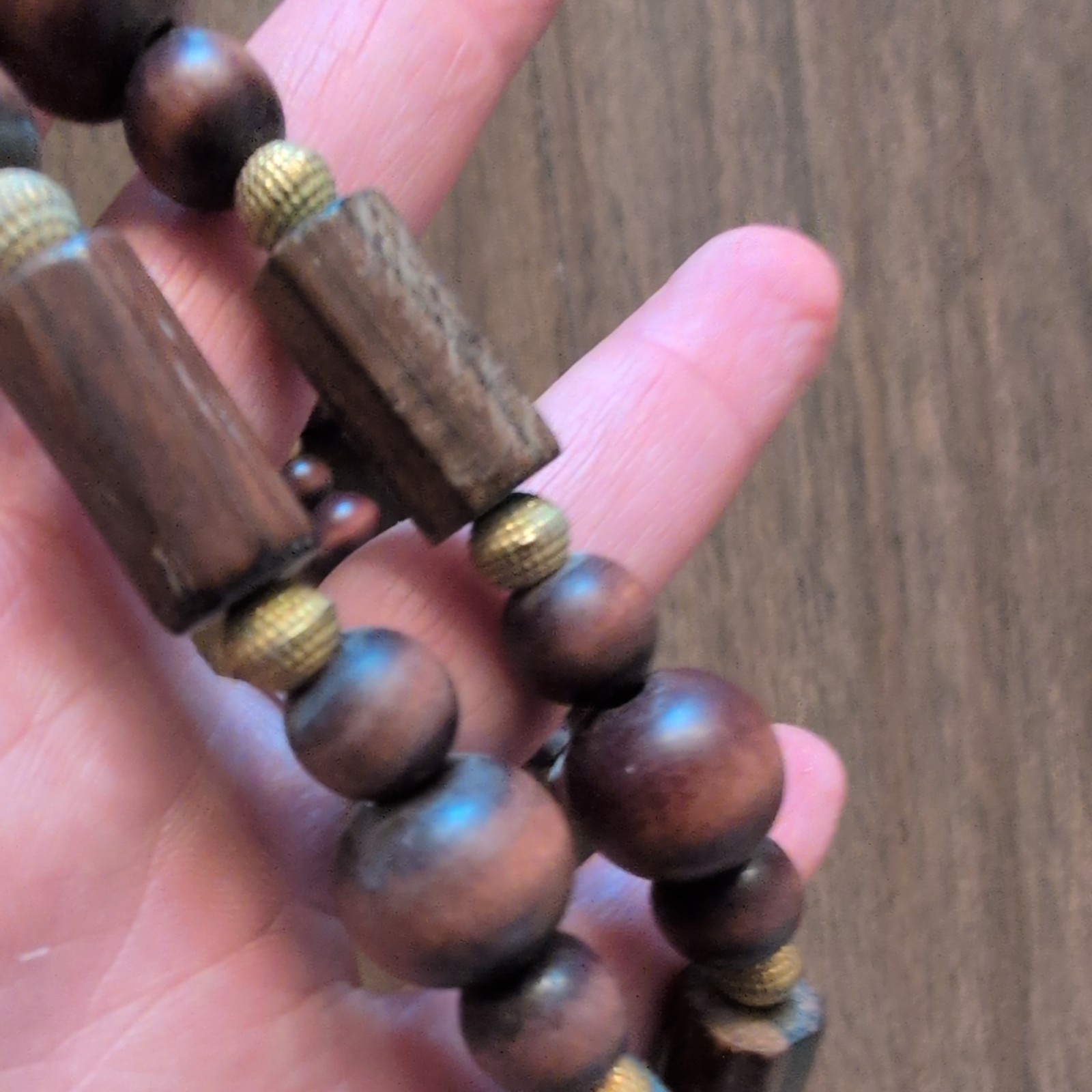 Vintage Art Deco necklace with brown and gold wooden beads boho cottage core MCM