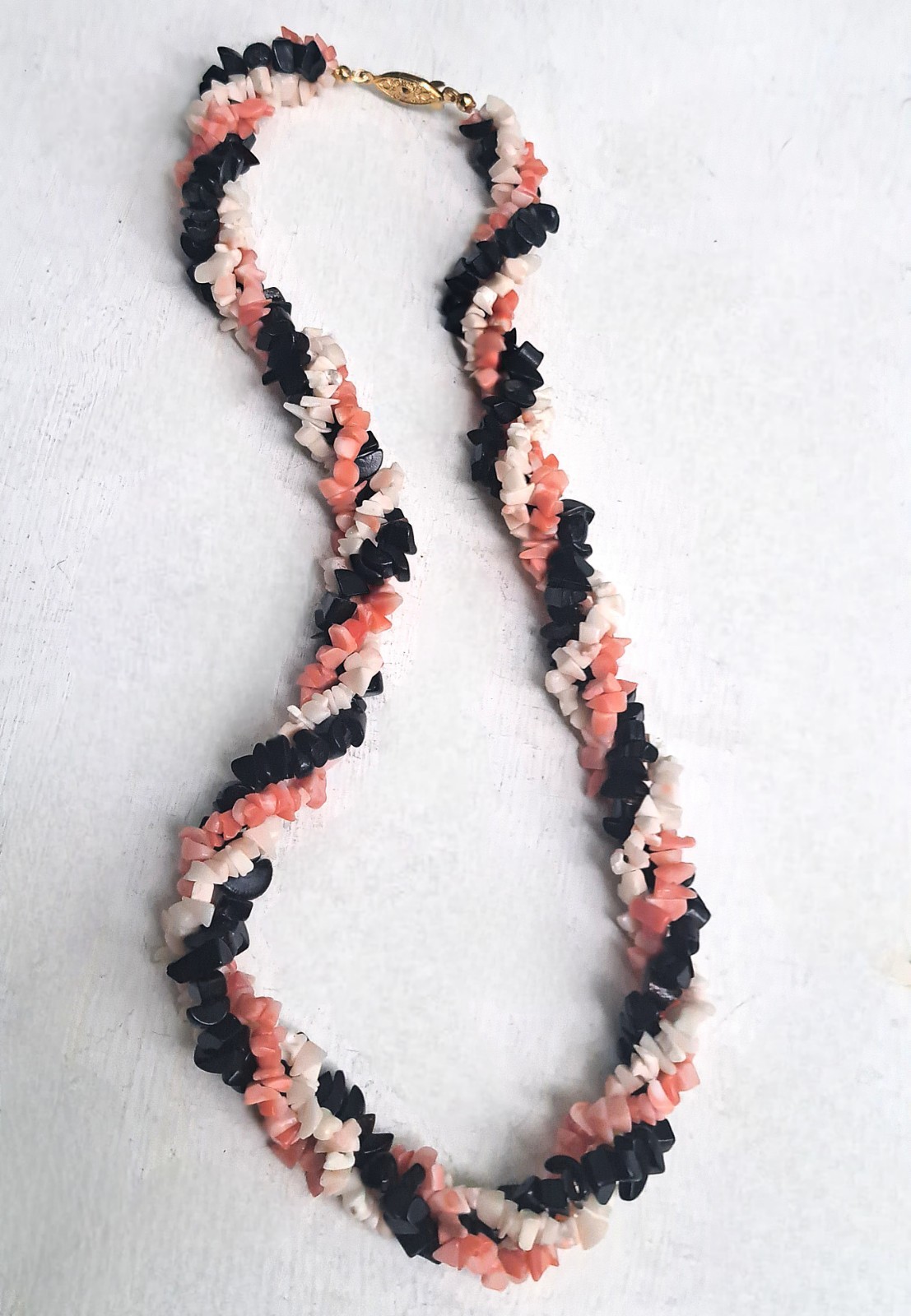 Gorgeous Pink Angelskin/Black/White Coral Necklace 19″ w/ Antique Fishhook Clasp