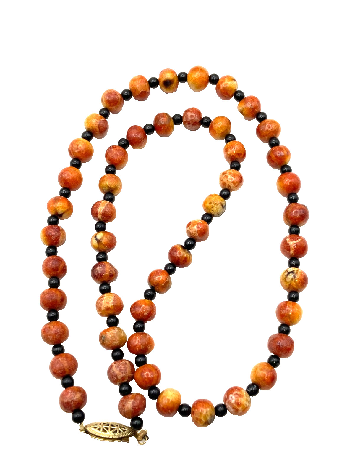 Vintage Apple Sponge Coral Red/Orange Beaded Necklace Black Agate? Gold Tone 24″