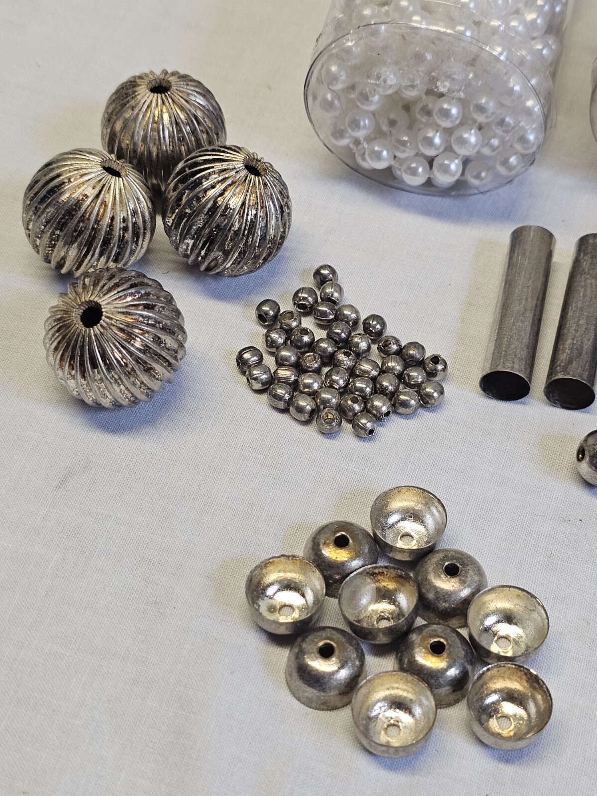 Vintage Jewelry Making Set Pearl String Kit Small-Large Metal Beads Silver Heart