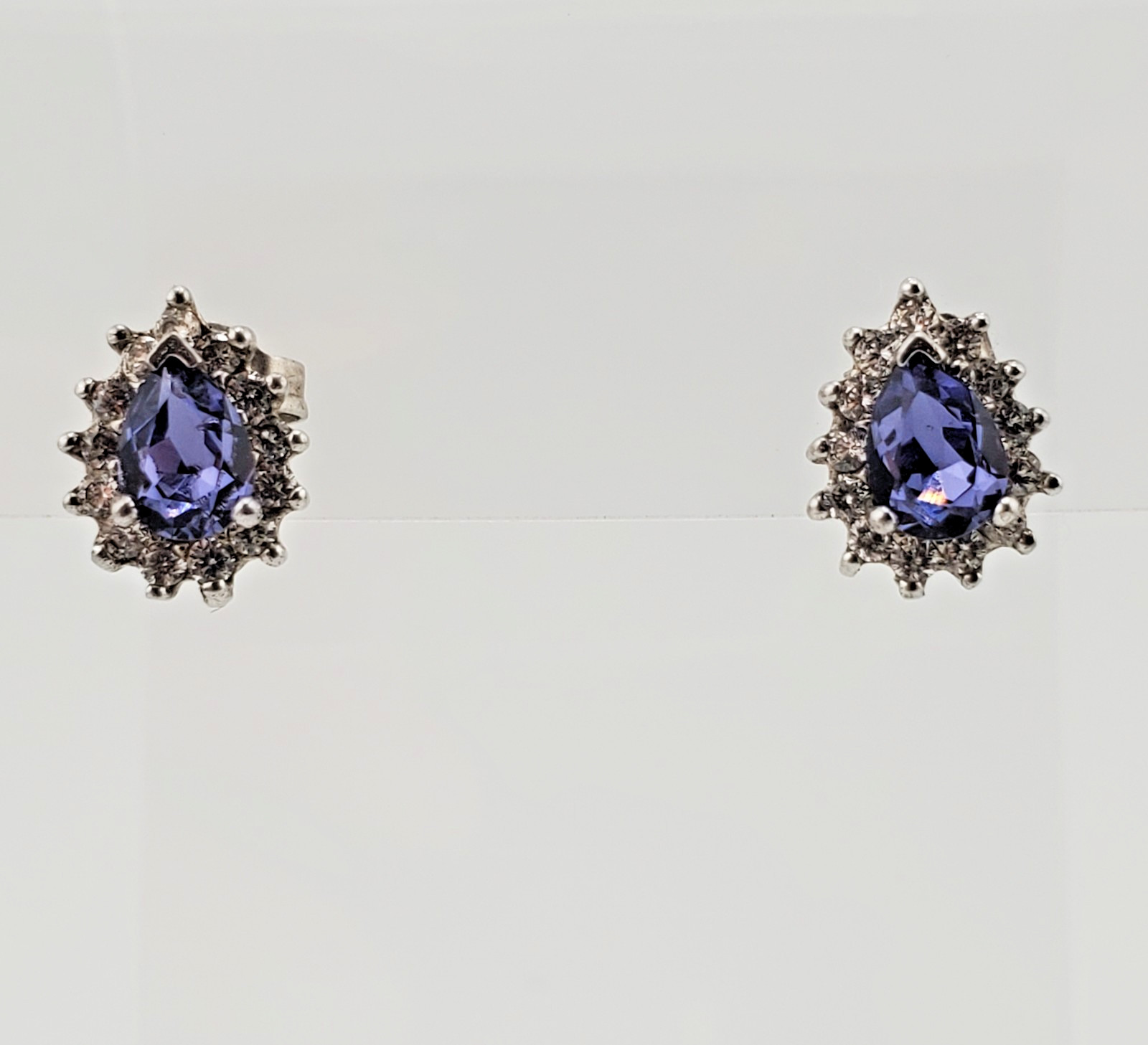 VTG 925 Purple Blue Pear Cut Crystal Stud Earrings Sterling Silver 1g Halo CZ S