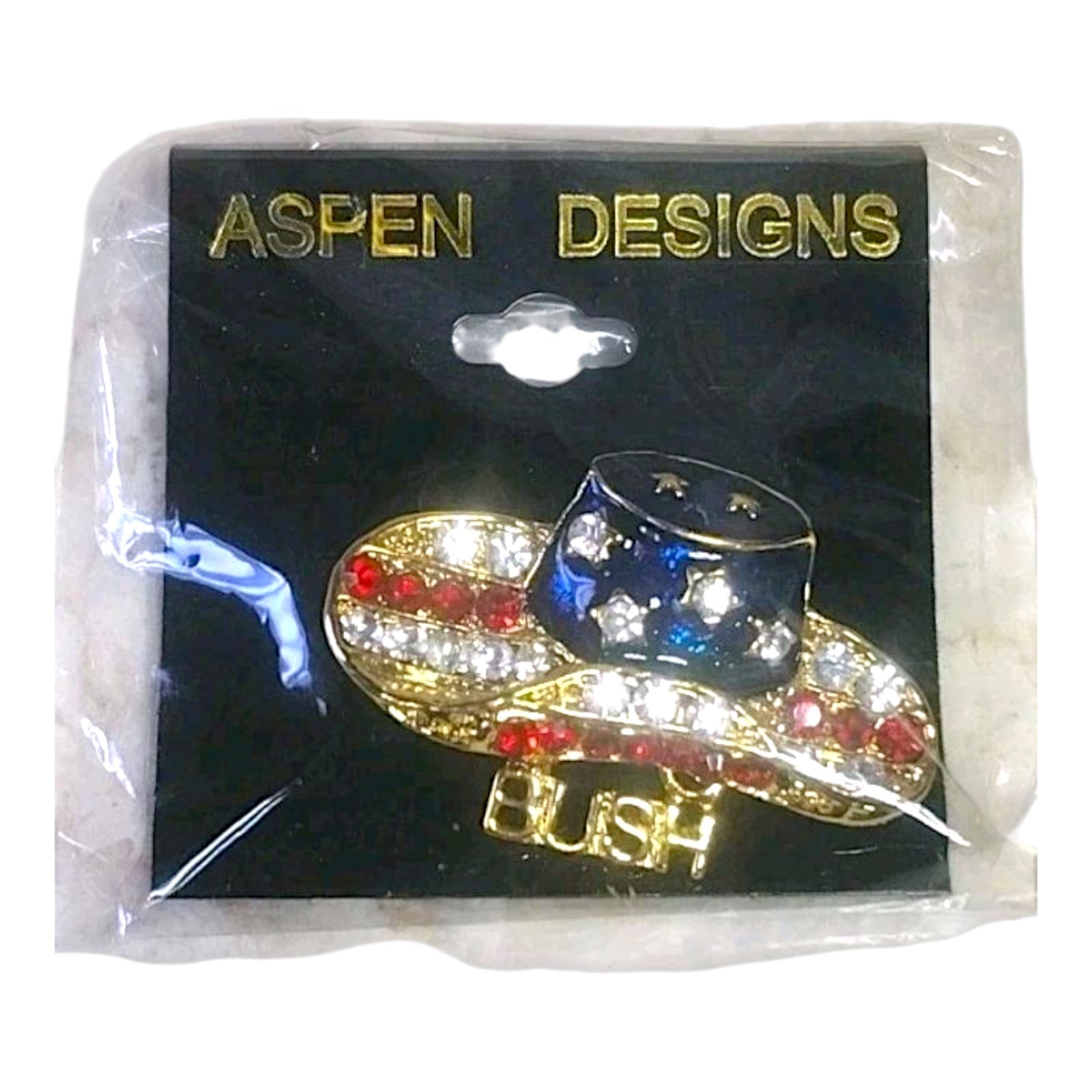 Vintage Patriotic Bush GOP Rhinestone Pin Red White Blue Gold Tone Cowboy Hat