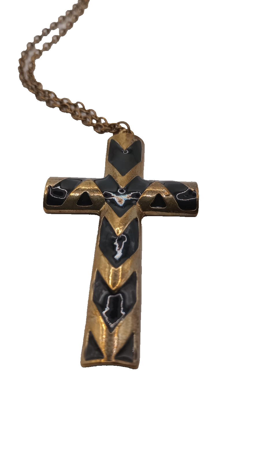 Vintage Enamel Cross Pendant Necklace Black Gold Tone 27 In