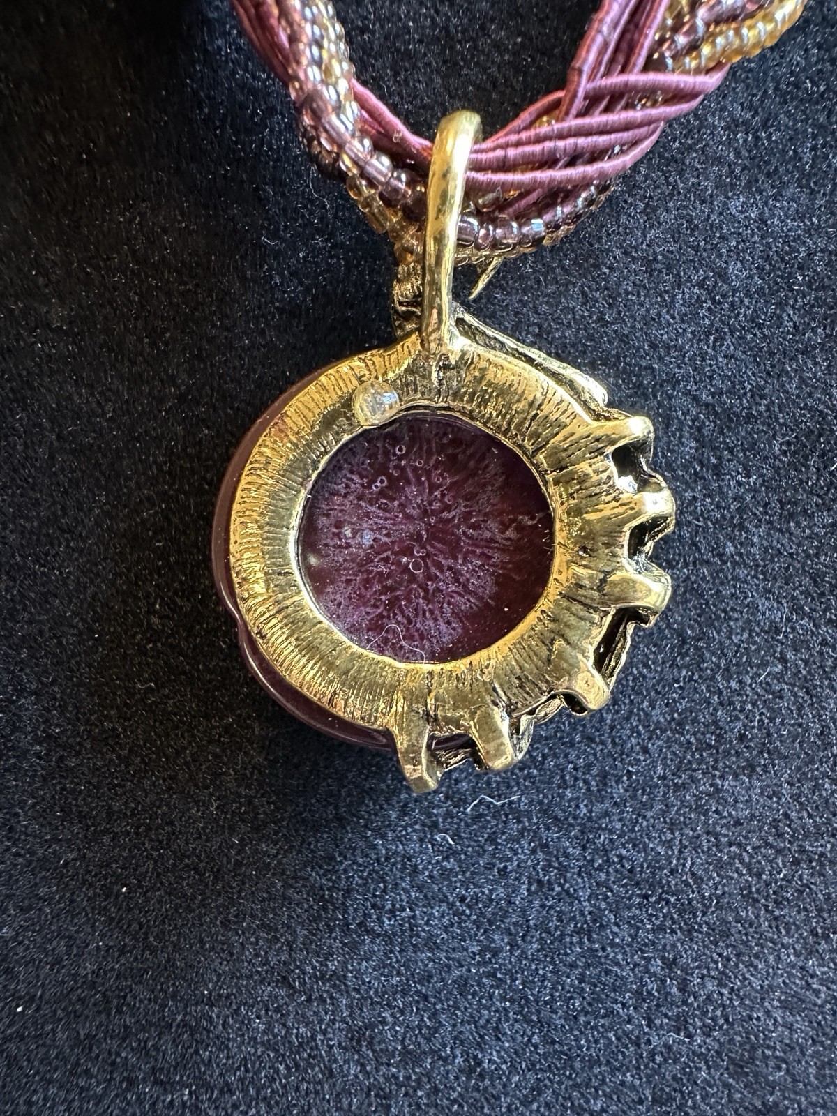 Beautiful Vintage Peacock Pendant Necklace In Purple and Gold Tones 20” Long