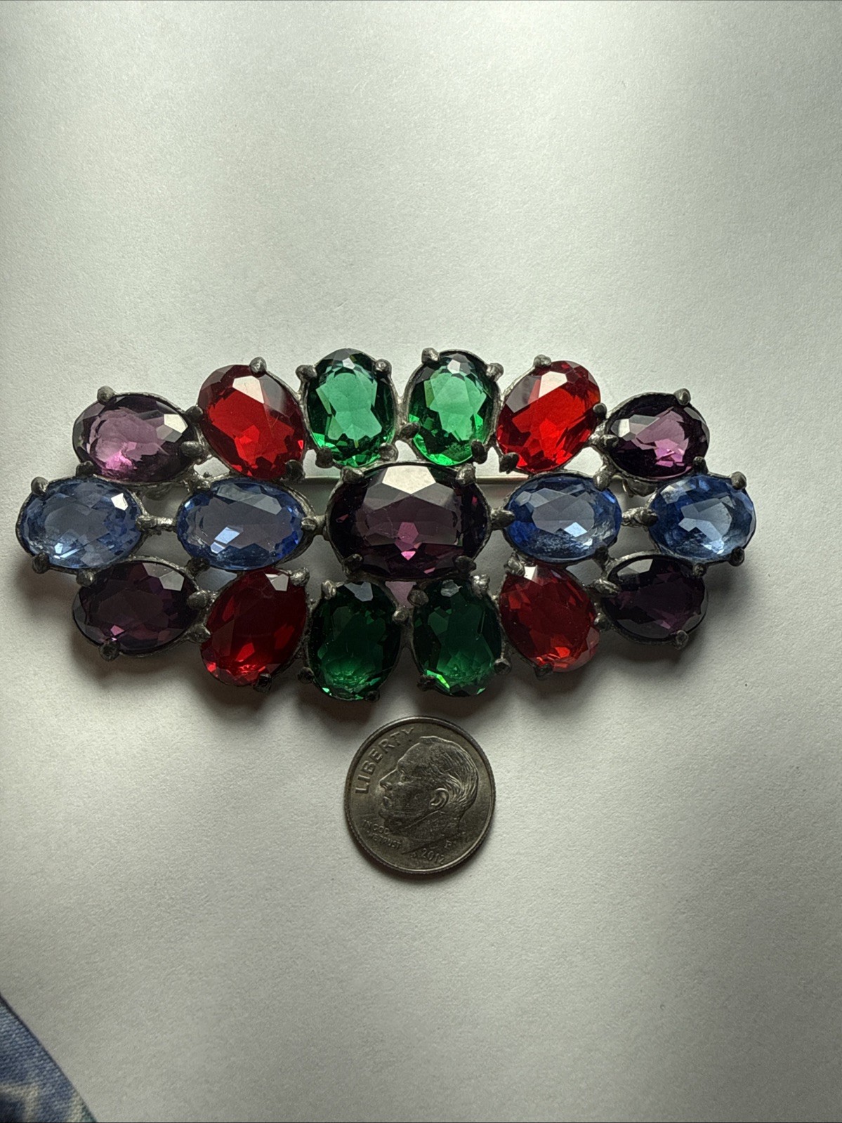 Pin Brooch Czech Art Deco Fruit salad Pot Metal 3.5” Open Back Stones Antique