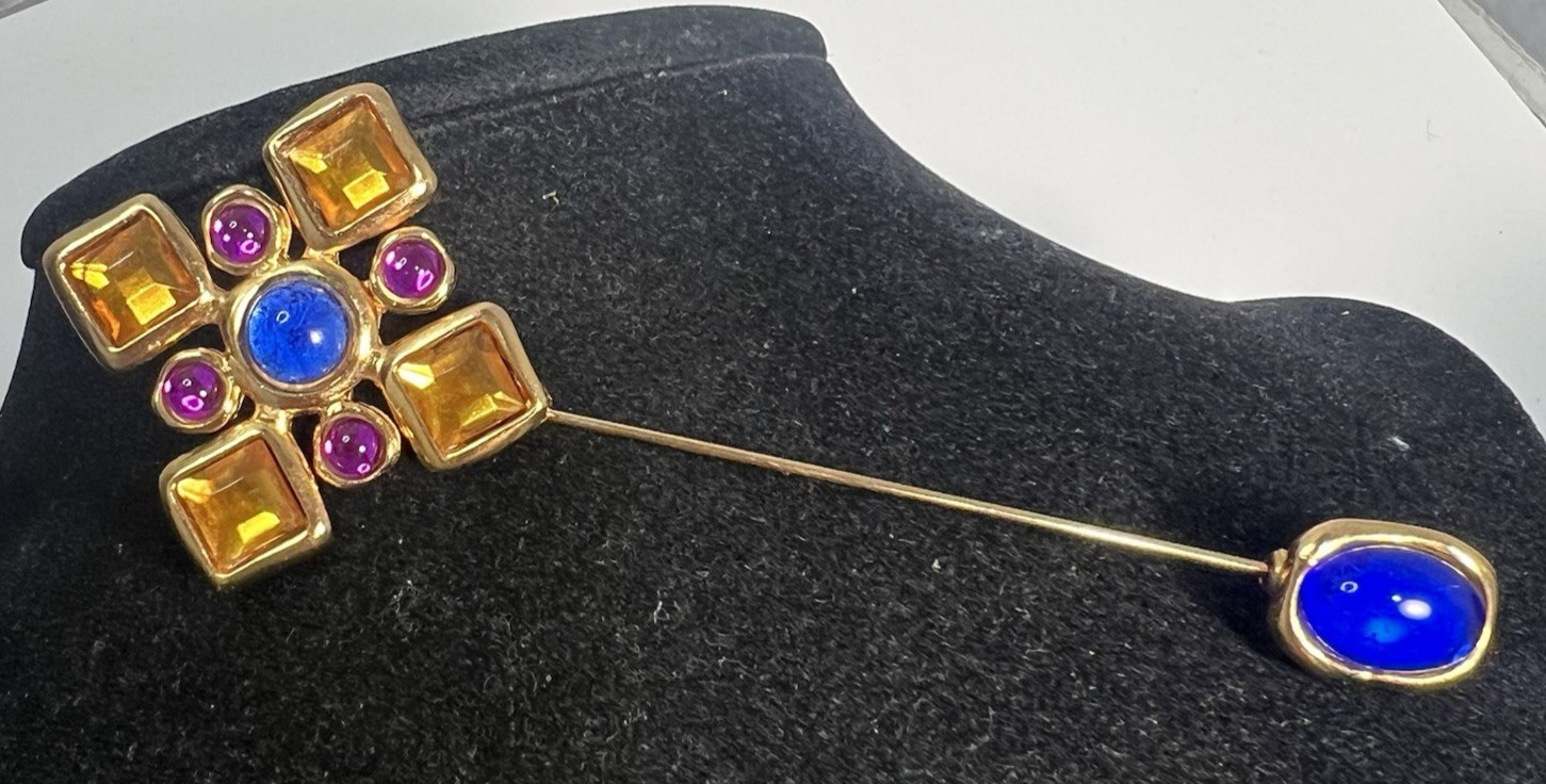 Beautiful RARE Multi Color Gripoix Cab Mogul Maltese Cross Jabot Stick Lapel Pin