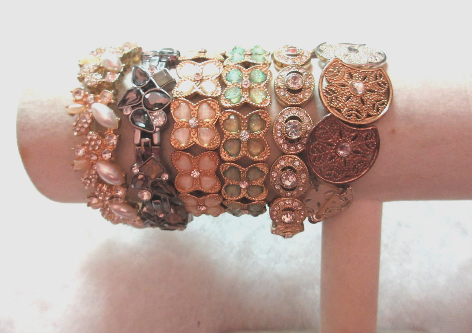 6 Older Rhinestone Bracelets Stretch Mostl Gold Tone 7.5″ Pink Green Gray Pearl