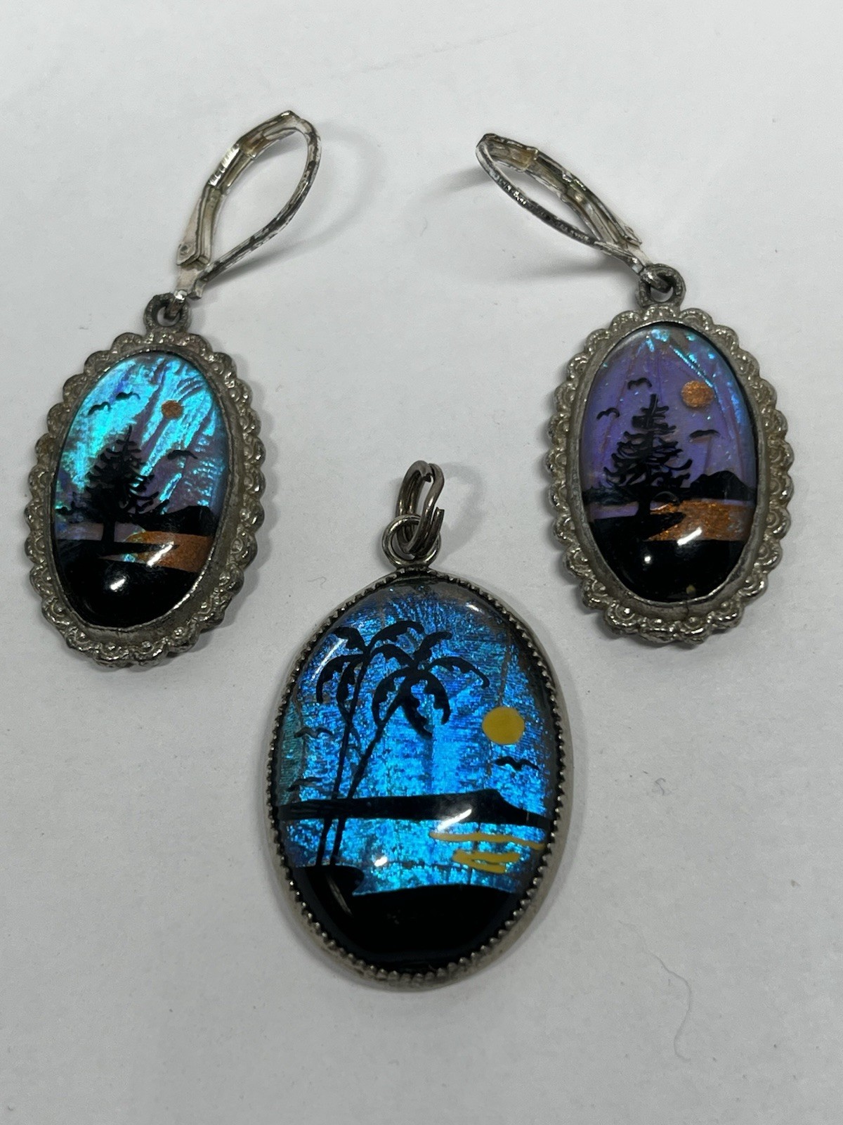 Vintage Blue Morpho Butterfly Wings Pendant & Earrings Set