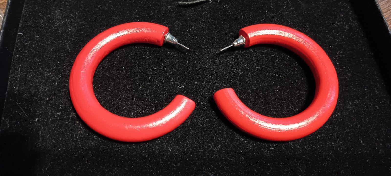 1980s-1990s Vintage Red Hoop Earrings Painted Wood Jewelry Statement Red Earring