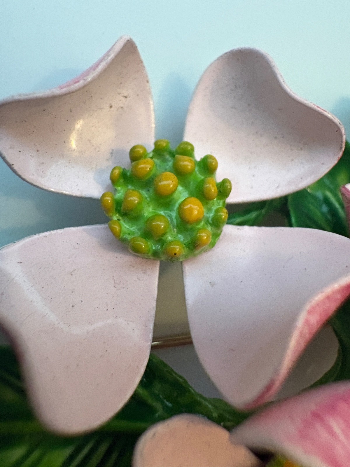 Vintage Pink and Green Enamel Dogwood Flower Brooch