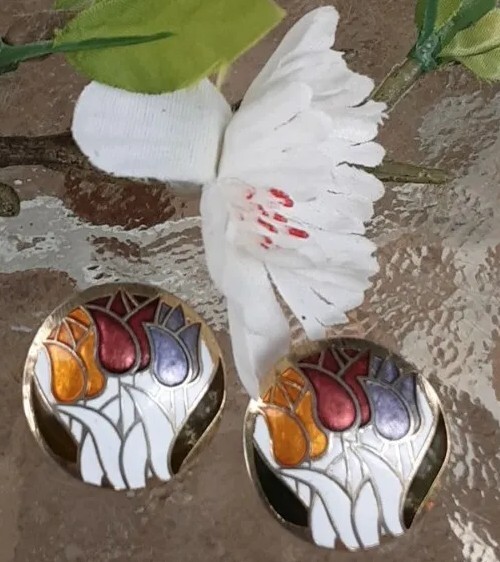 Earring Goldtone Orange Red Green Purple White Cloisonne Tulips Flower Pierce