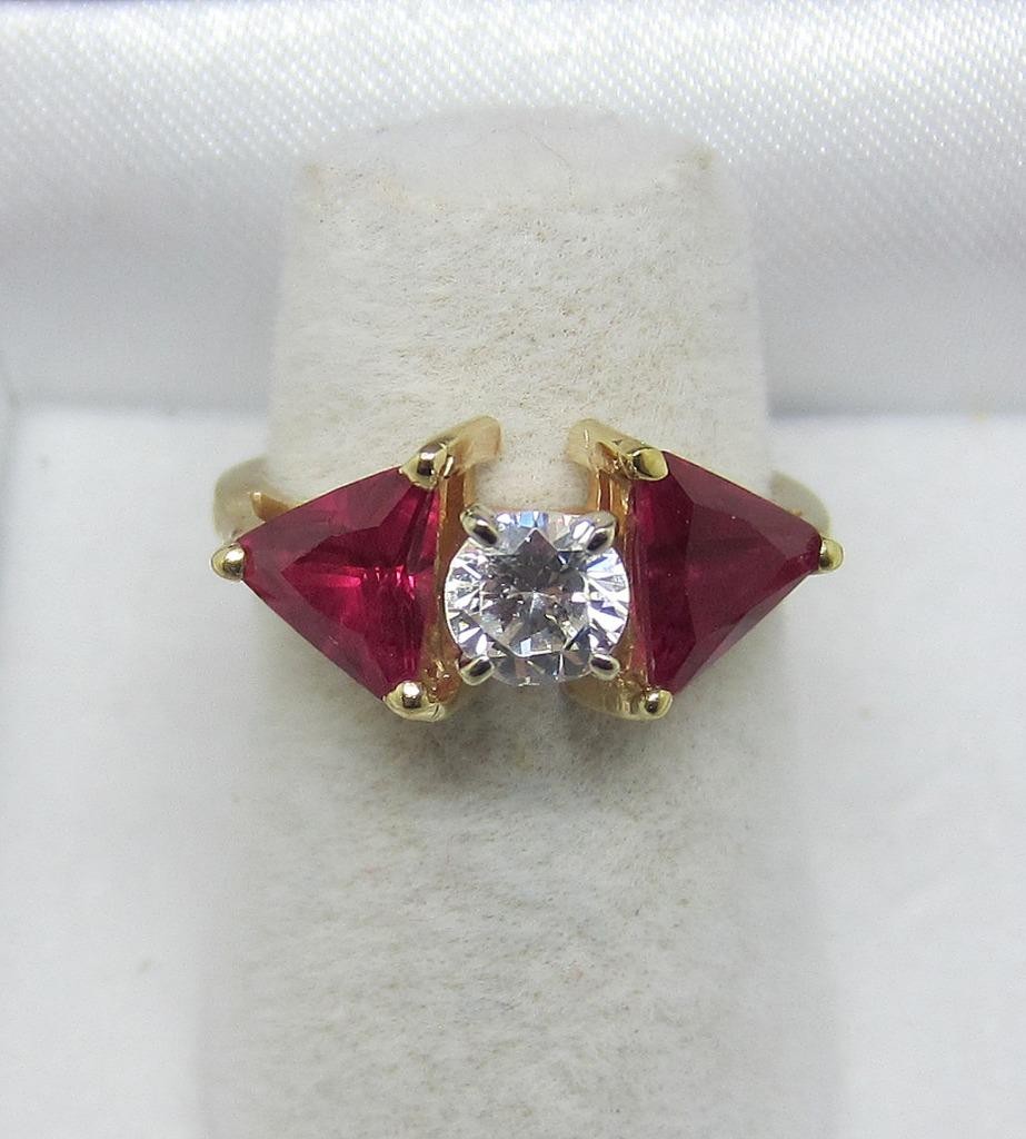 Vintage 14K Yellow Gold Natural Diamond Trillion Synthetic Ruby Ring Size 4.5