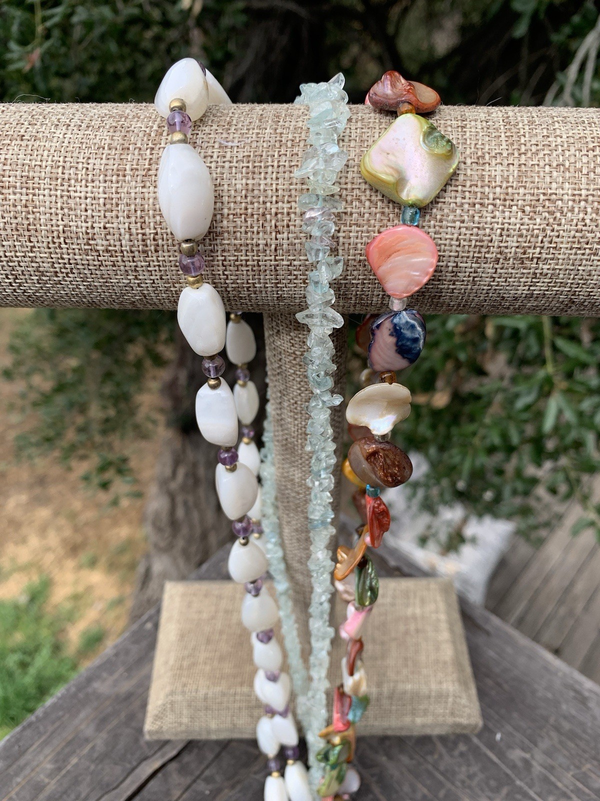 Vintage Necklace Lot-3 Mother of Pearl Green Chips & White Stones w-Purple Beads