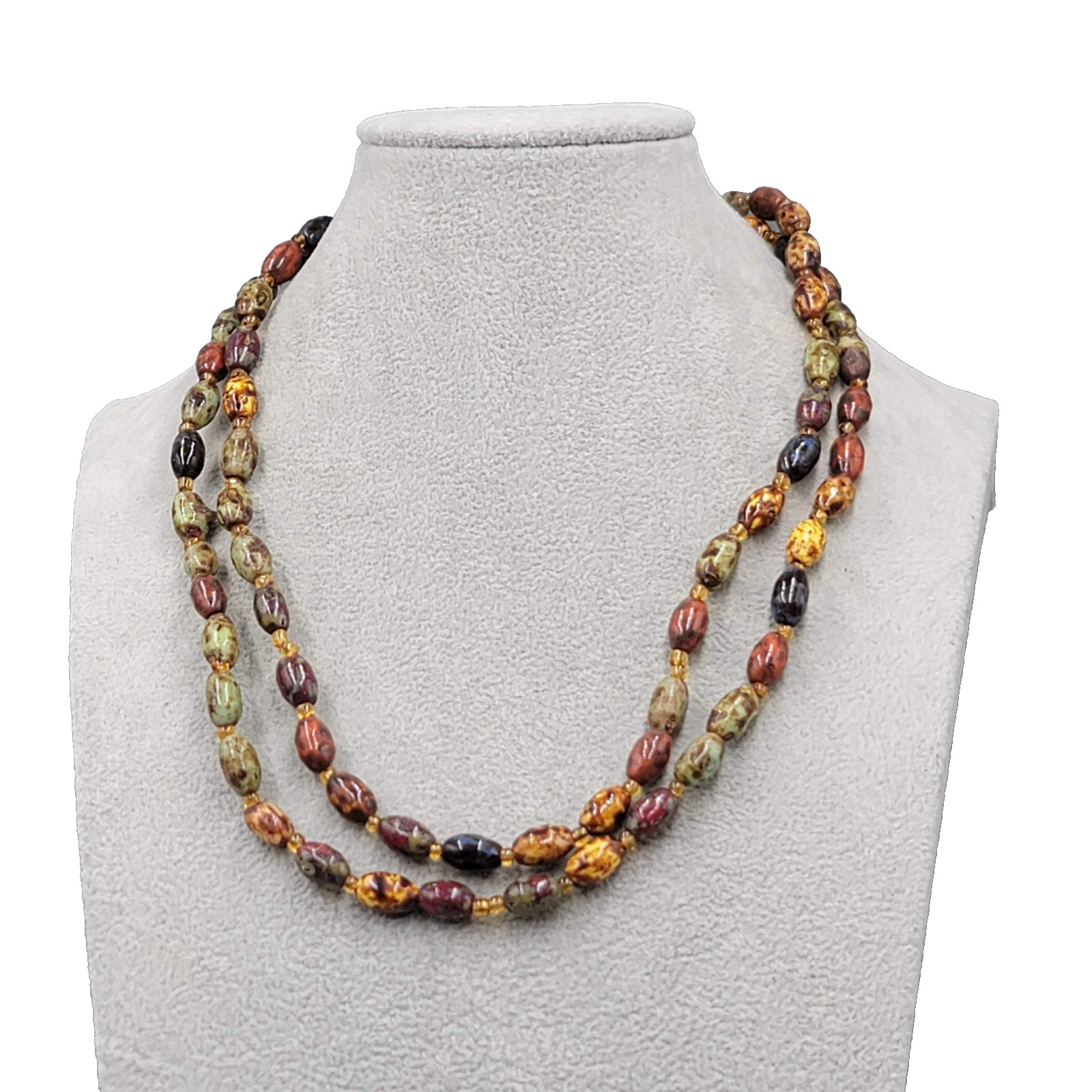 Vintage Multicolor Earth Tones Beaded Necklace Gold tone 40″