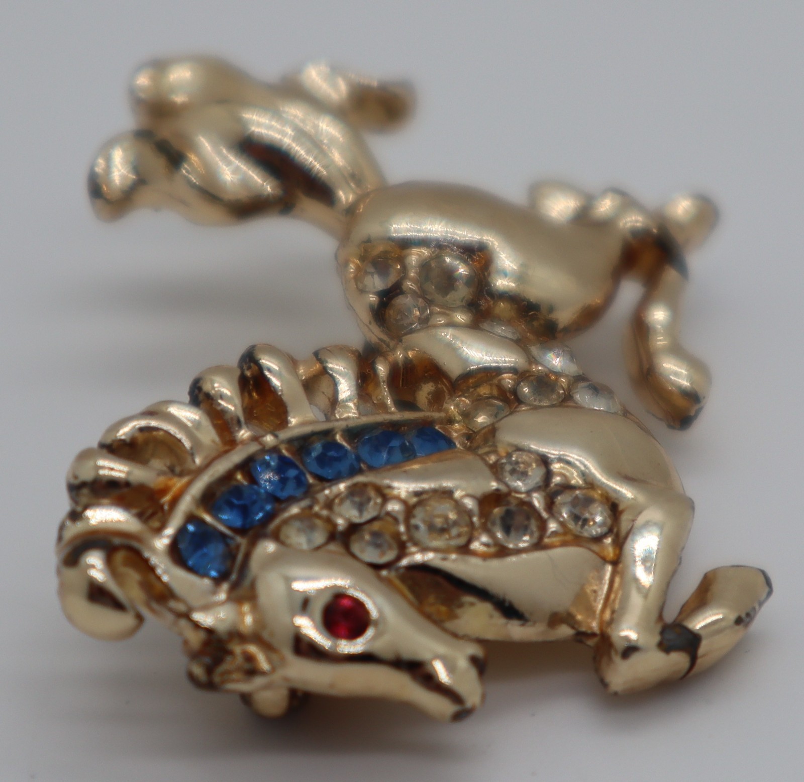 Vintage Figural Carousel HORSE Brooch Pin MCM Blue, Clear, Red Stones Gold tone