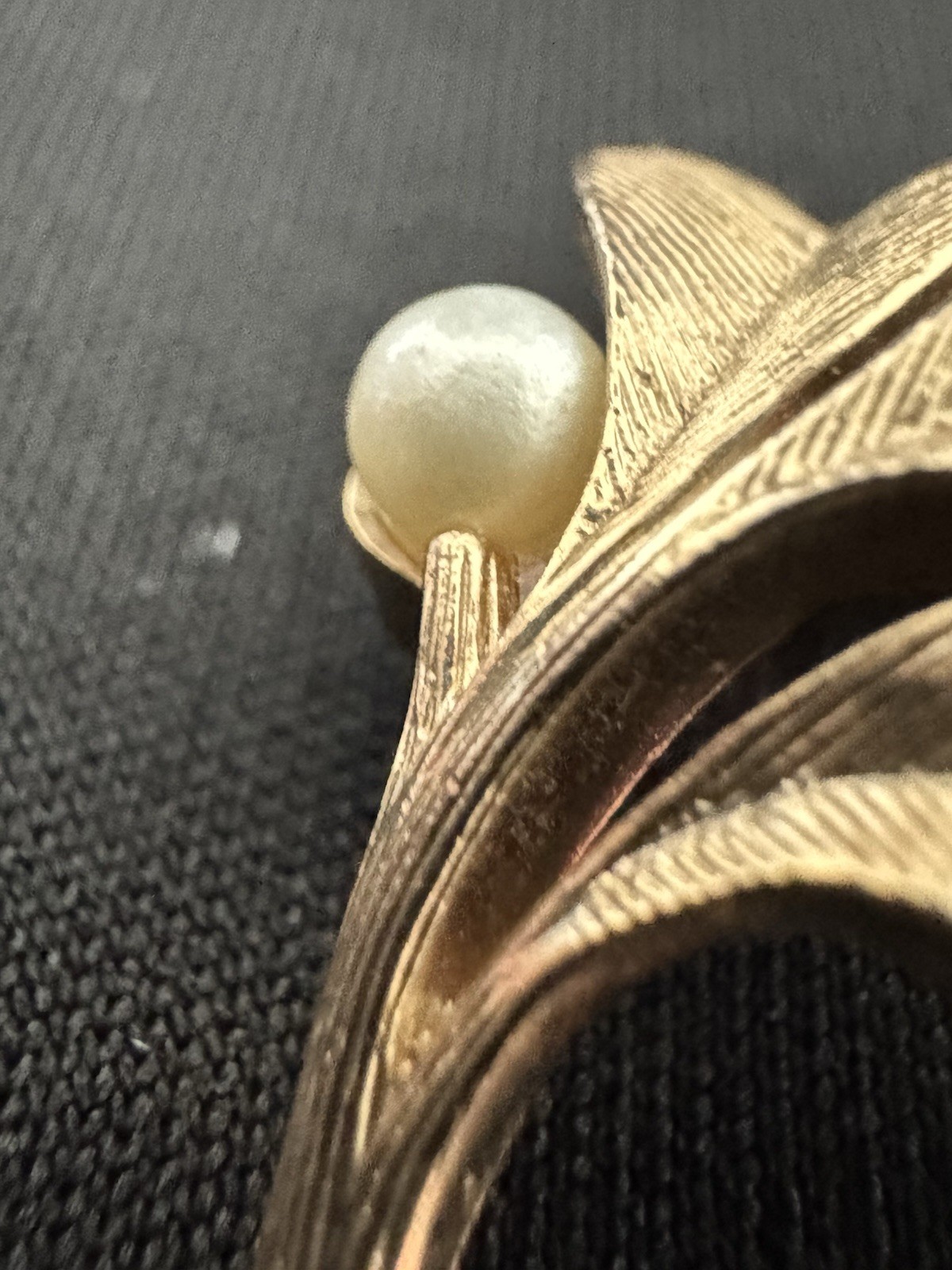 Vintage Crown Trifari Faux Pearl Berry Leaf Spray Brooch Gold Tone Textured Pin