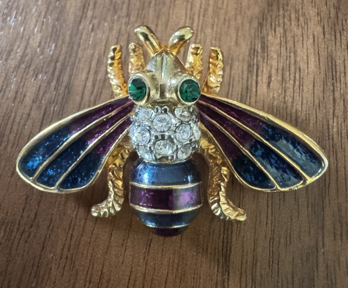 VTG Bee Brooch Gold Tone Enamel Rhinestone Insect Pin Cottagecore Garden
