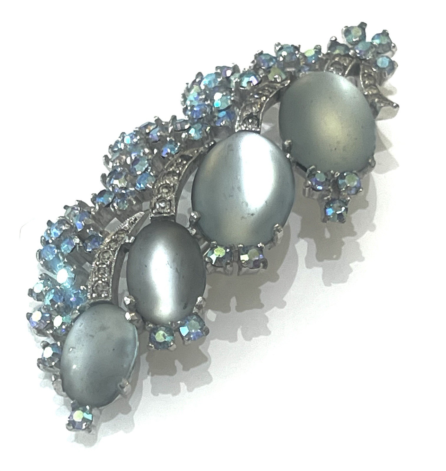 Jomaz Blue AB Stones & Frosted Oval Cabochons Brooch Signed