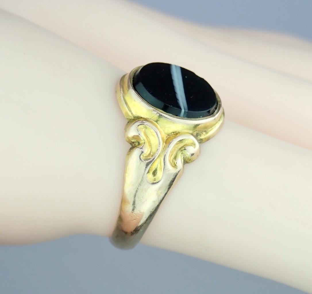 Fine Antique Edwardian Solid 9K Rose Gold Banded Agate Signet Pinky Ring 1904 8