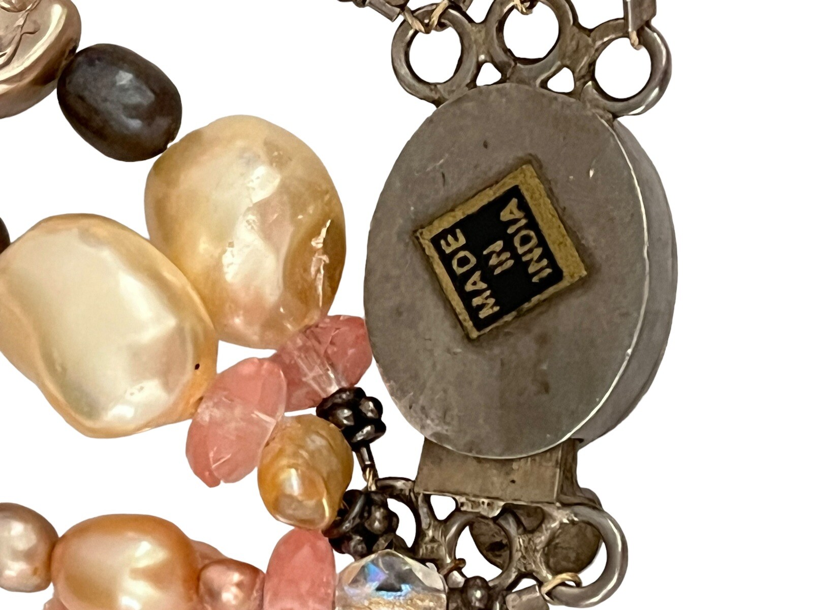 Vintage Faux Pearl Necklace 3 Strands Box Tab Clasp Made In India Pink Choker