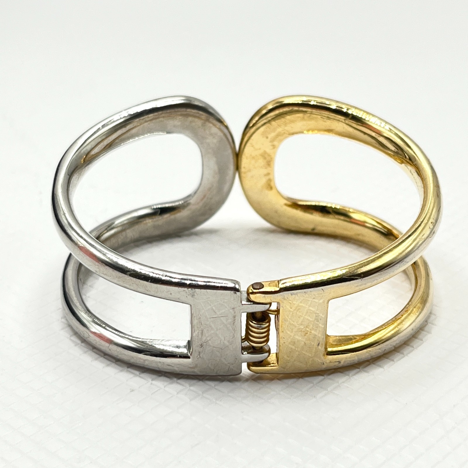 Mixed Silver & Gold Tone Metal Sculptural Bracelet w/ Open Work Hinged Bangle