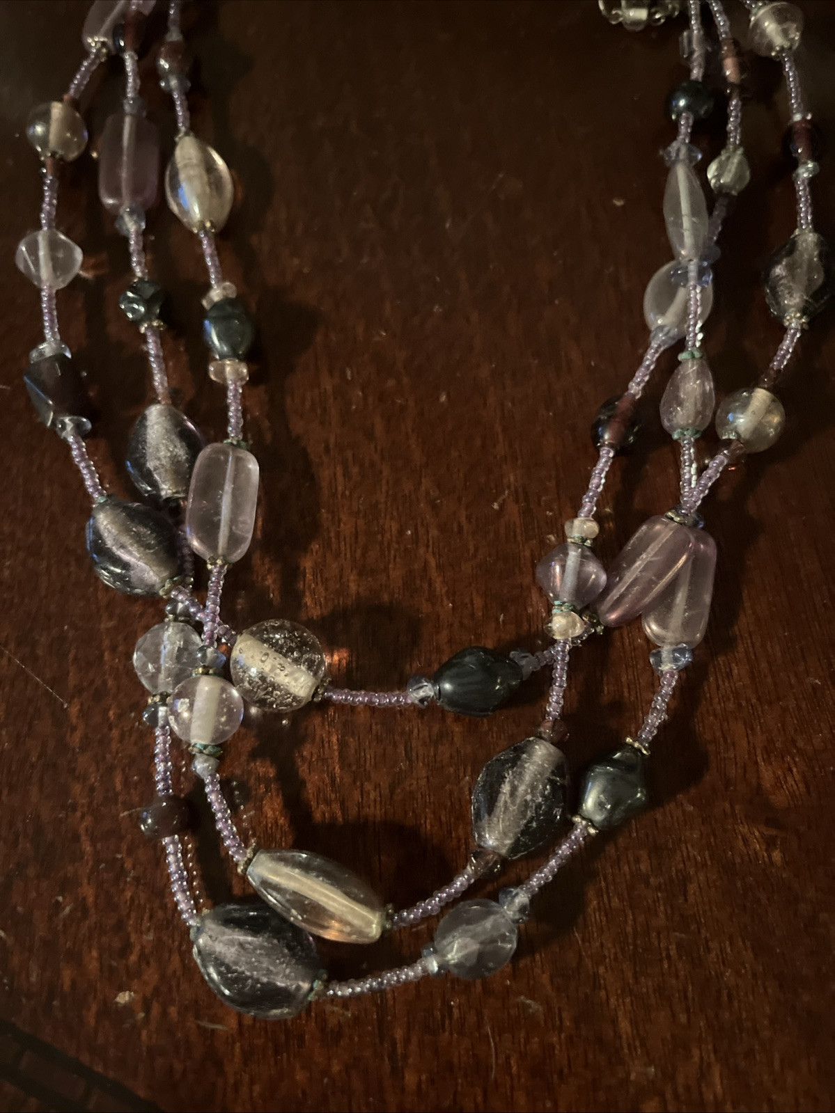 Multicolor Bead Necklace 3 Strand Purple Brown Statement Chunky Boho Jewelry