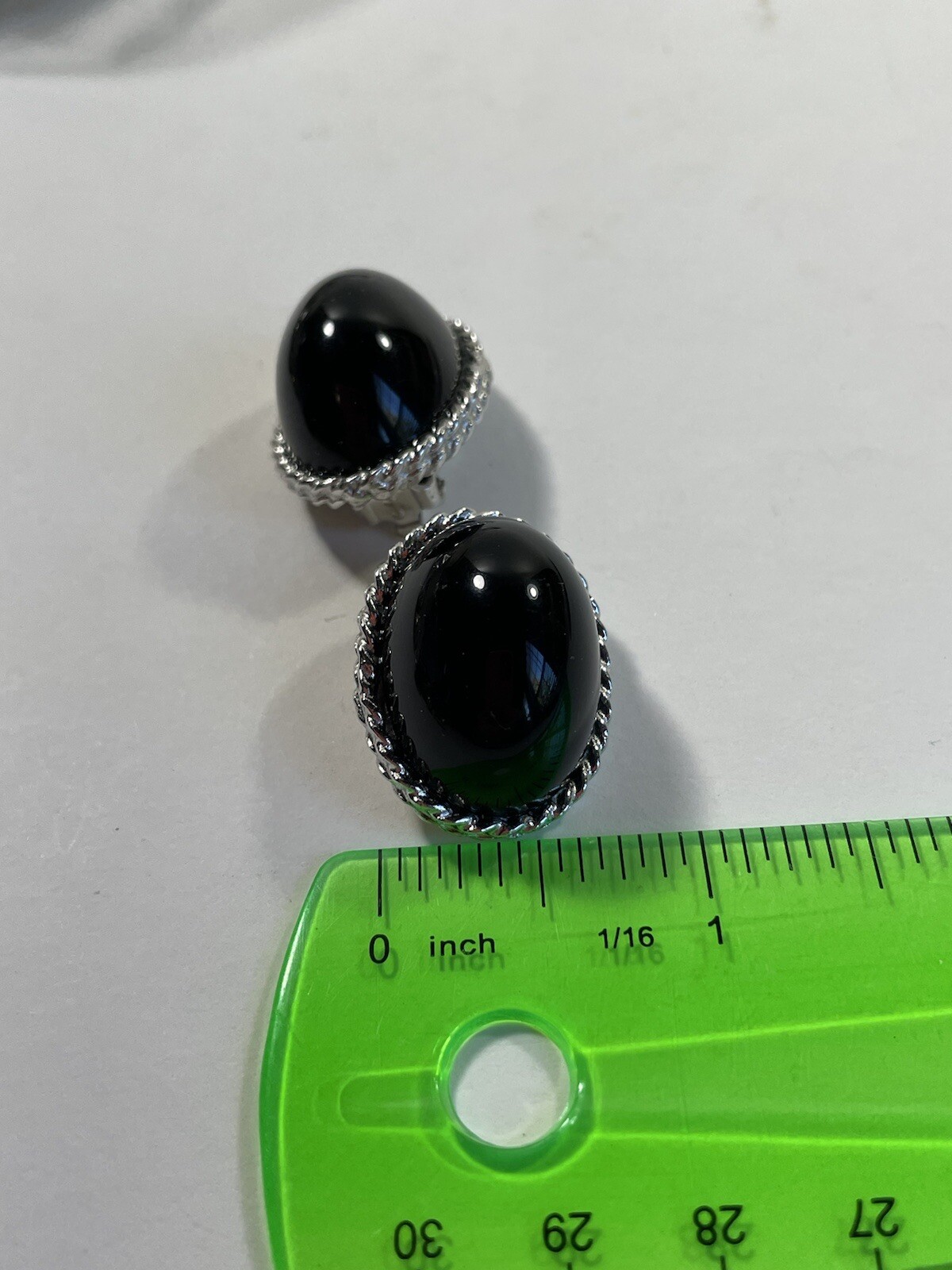 Vintage 80s Signed Les Bernard Clip on Earrings Black with Silver Tone edges