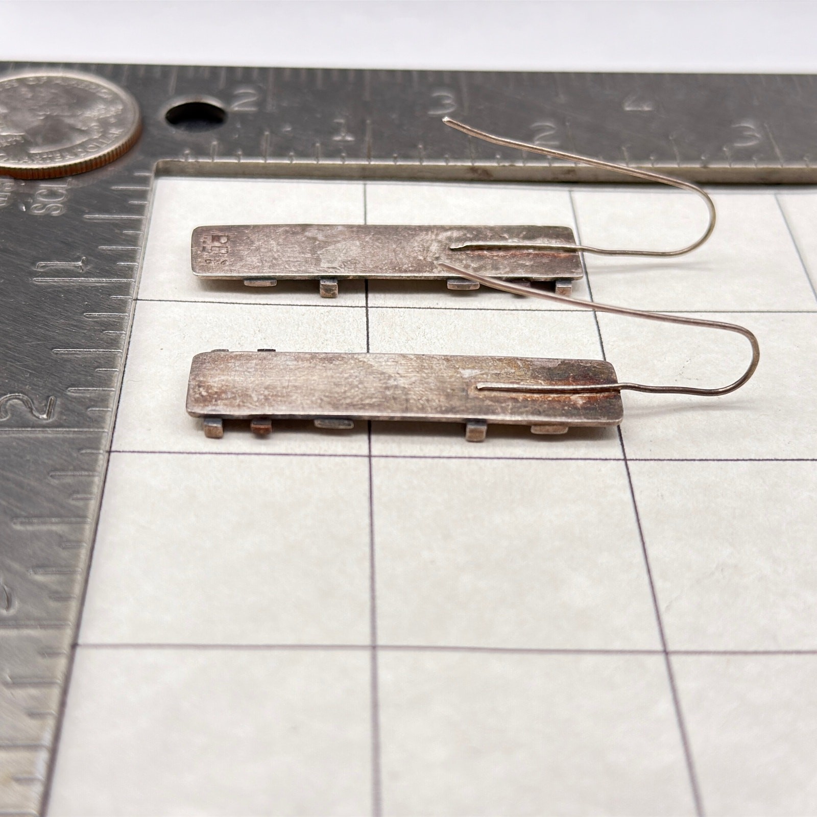 Vintage Modernist Mixed Metal Bar textured Sterling Silver Dangle Earrings