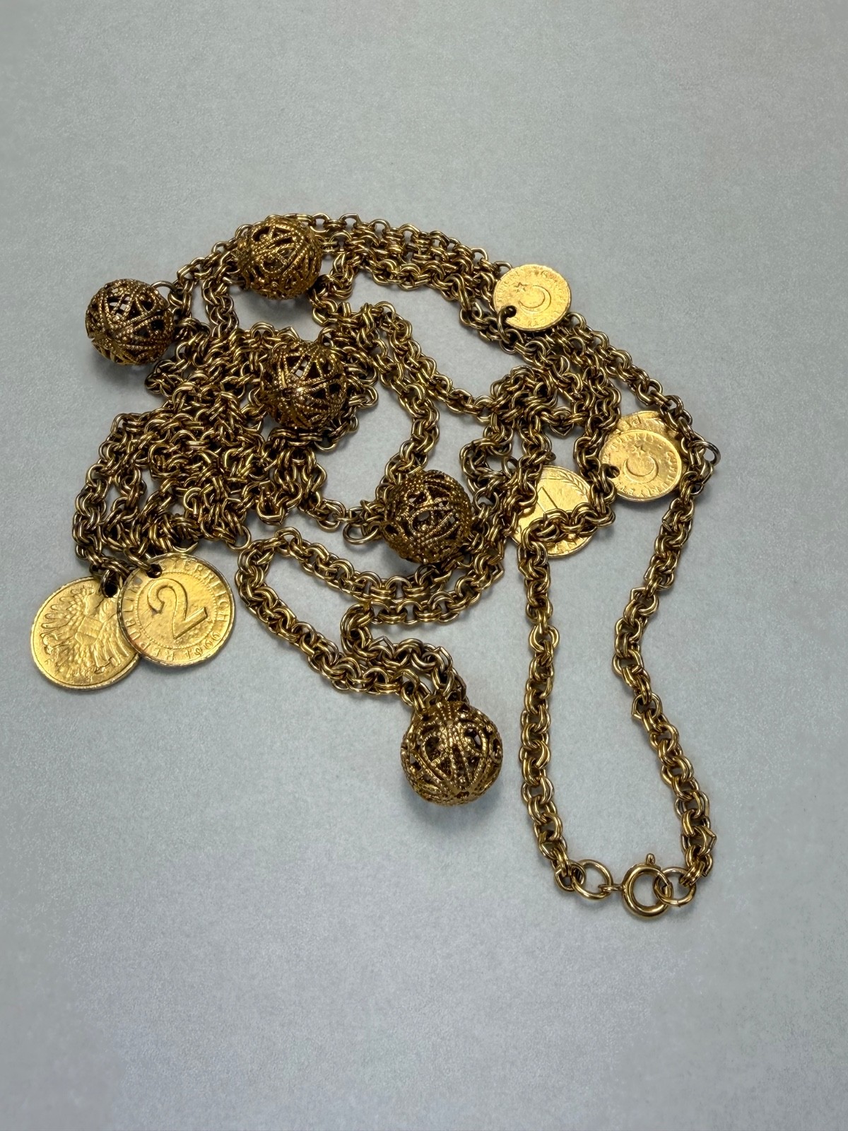 Long Gold Tone Coin Charm Necklace Filigree Ball Accents Boho Vintage