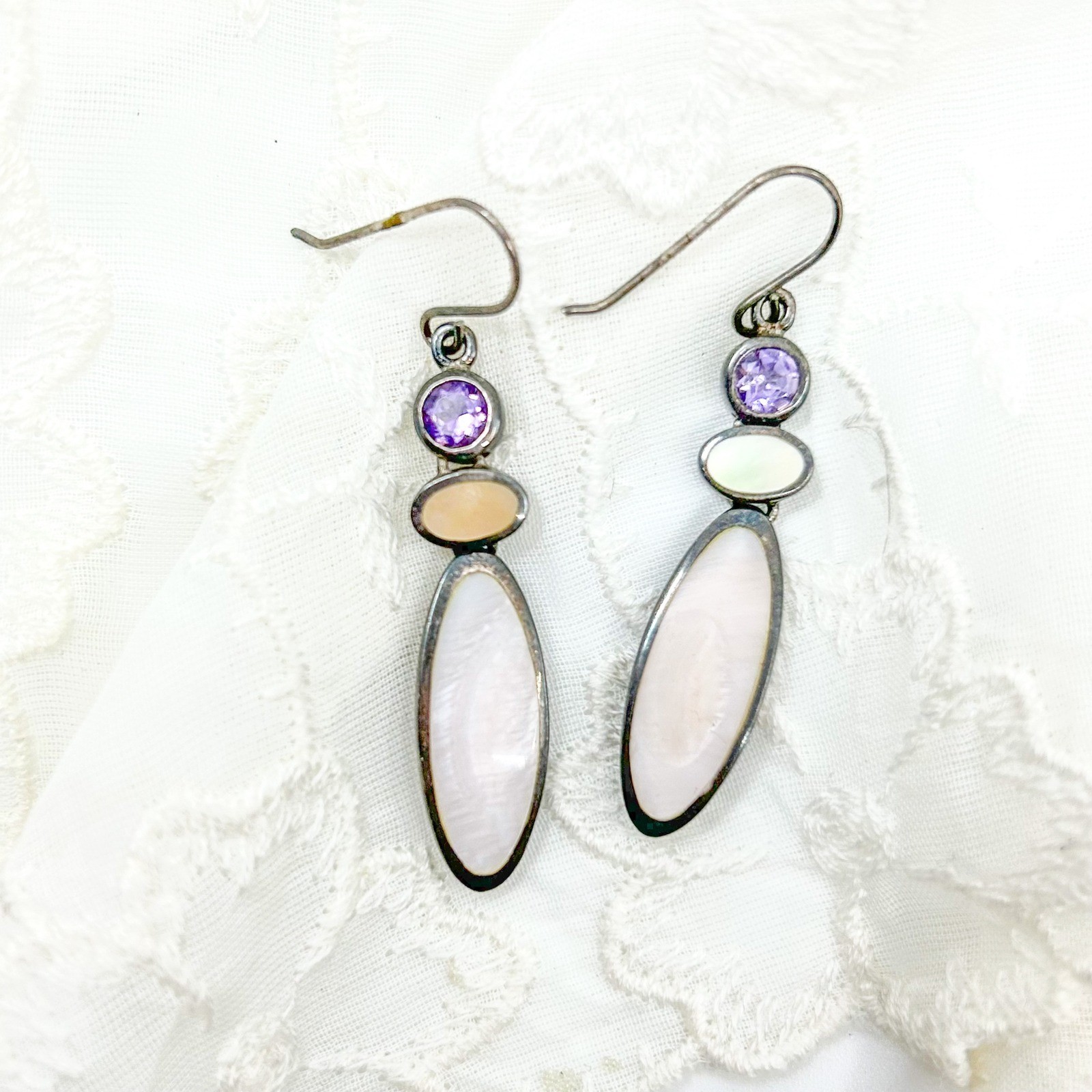 Vintage Sterling Silver Drop Earrings Amethyst/Purple Stone Shell Stone