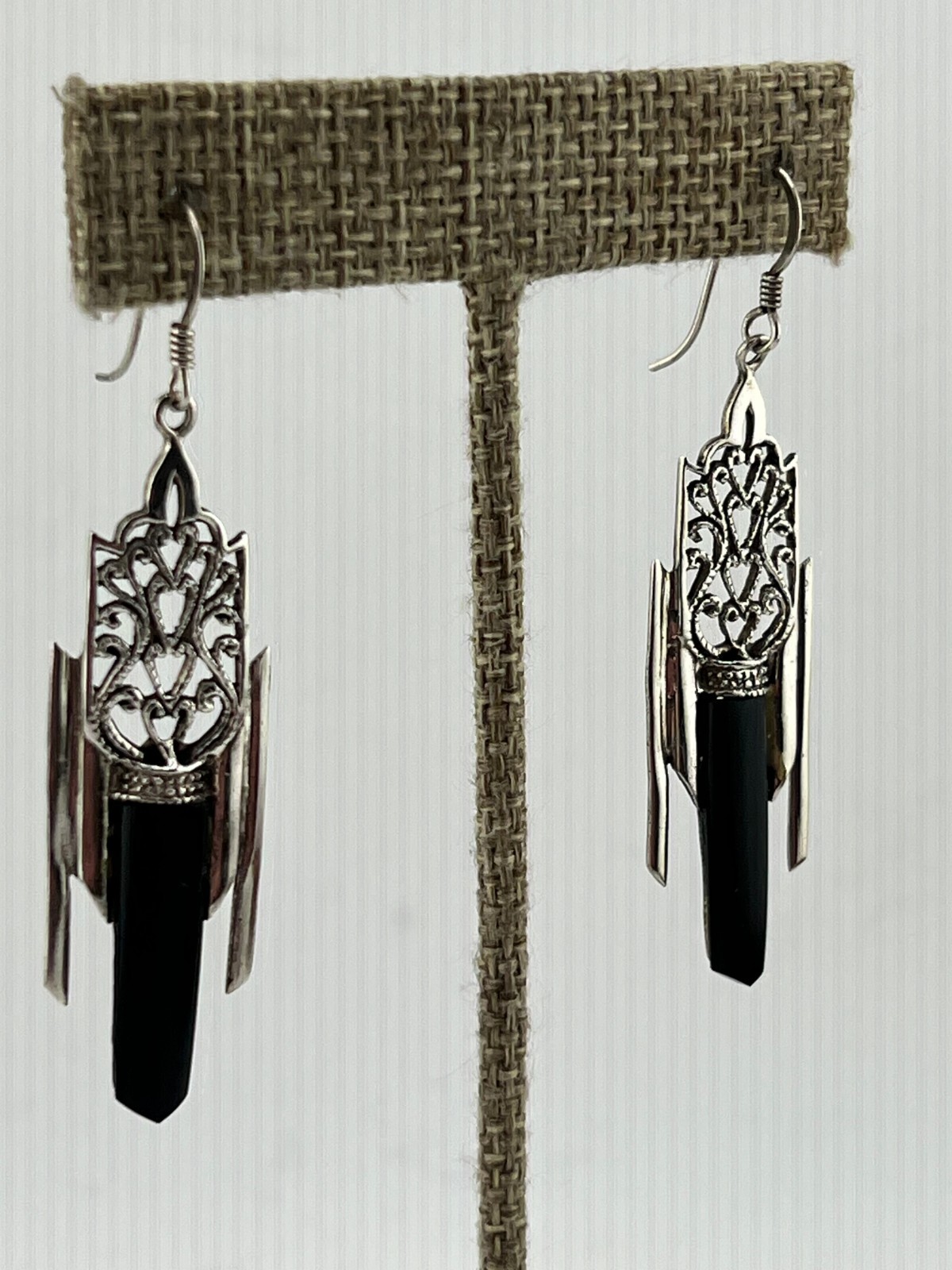 Art Deco Revival Black Onyx dangle earrings 925 Sterling silver EUC