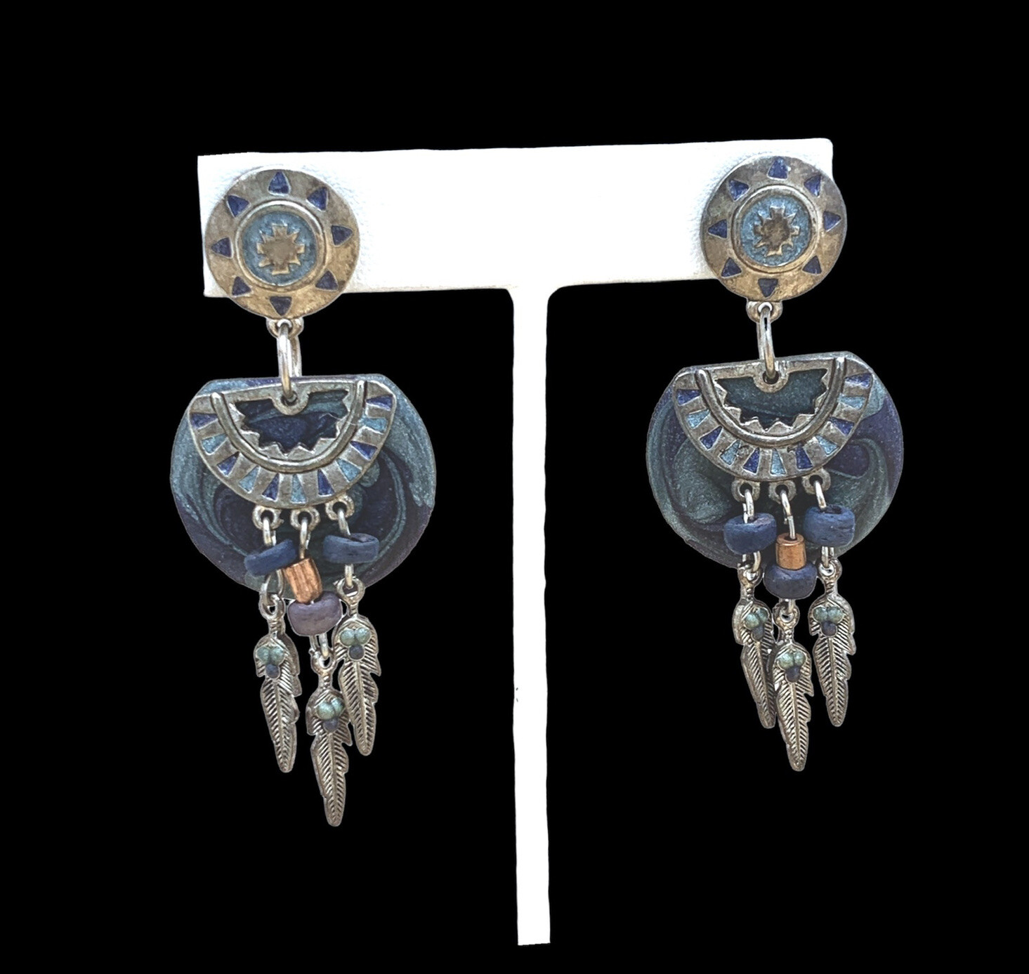Vintage Edgar Berebi Blue Earrings South Western Theme Dangling Feathers Enamel