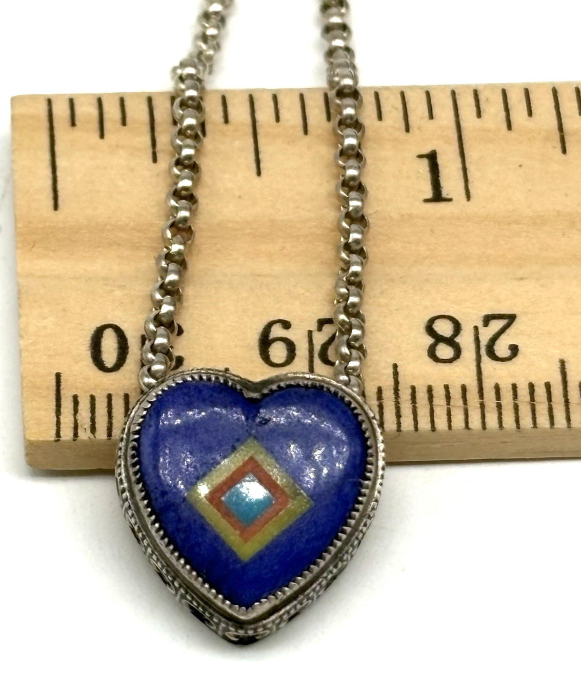Aldrich Art Jewelry Necklace Blue Purple Heart Inlay Sterling Silver Vintage 18″