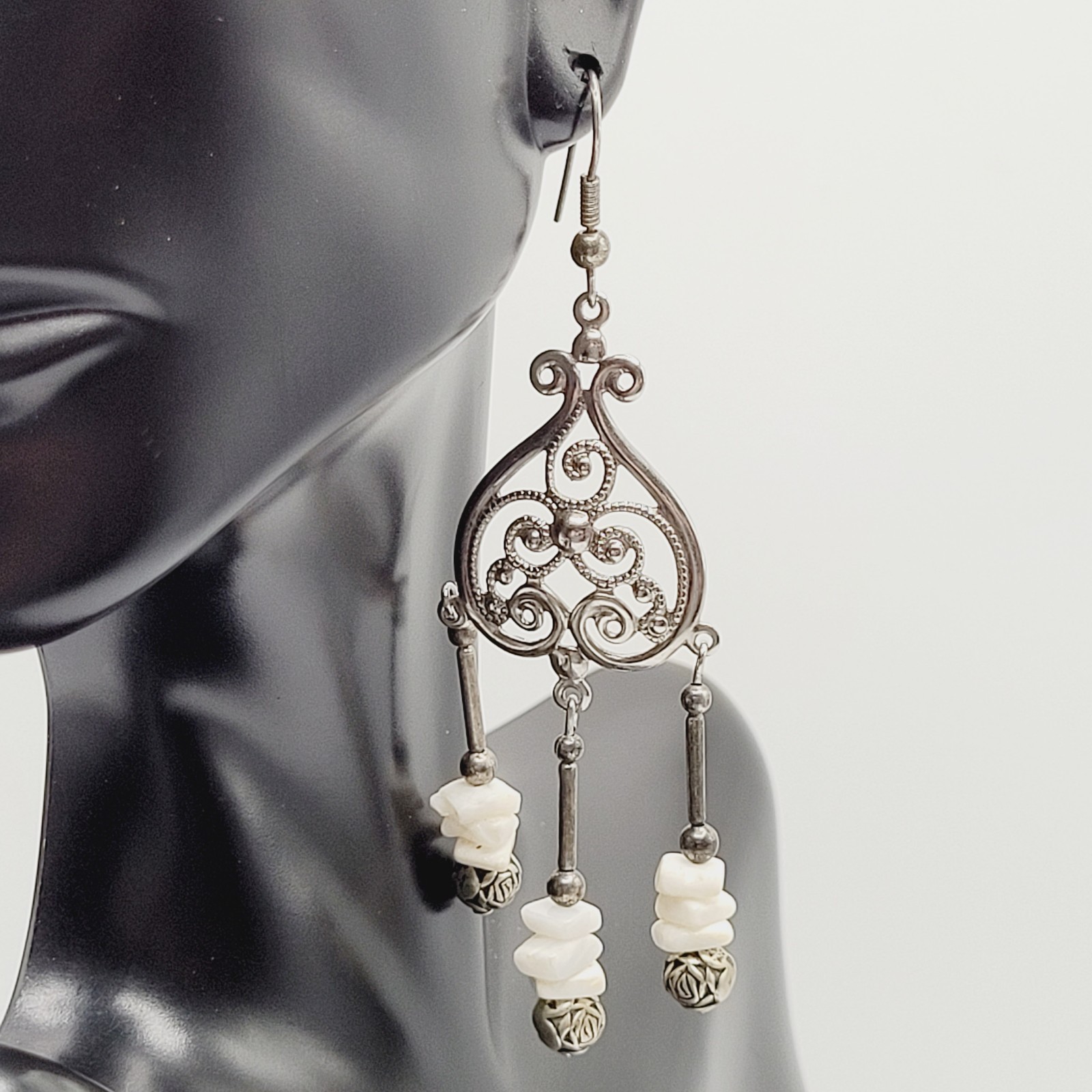 Southwestern Style Chandelier Silver Tone White Howlite Bead Pierced Earrings
