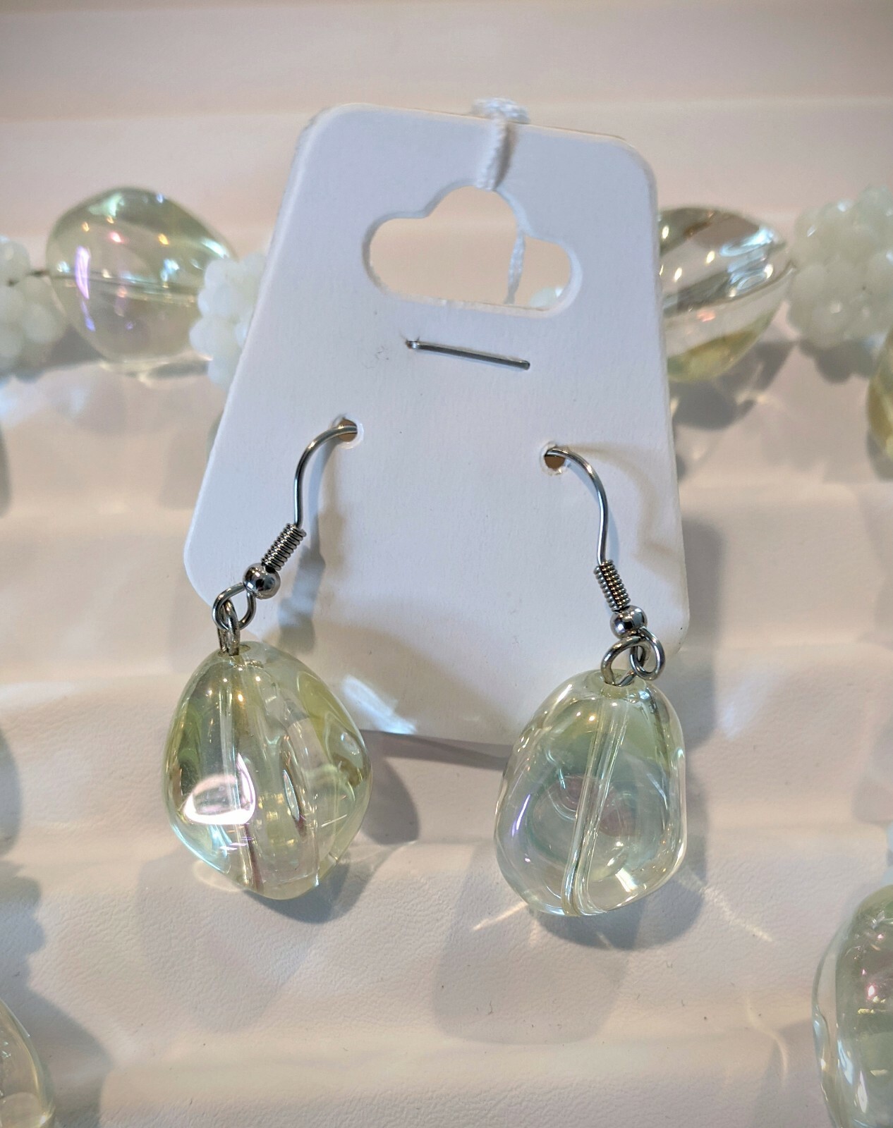 Aurora Borealis Glass & White Bead Glass Necklace & Earrings Set