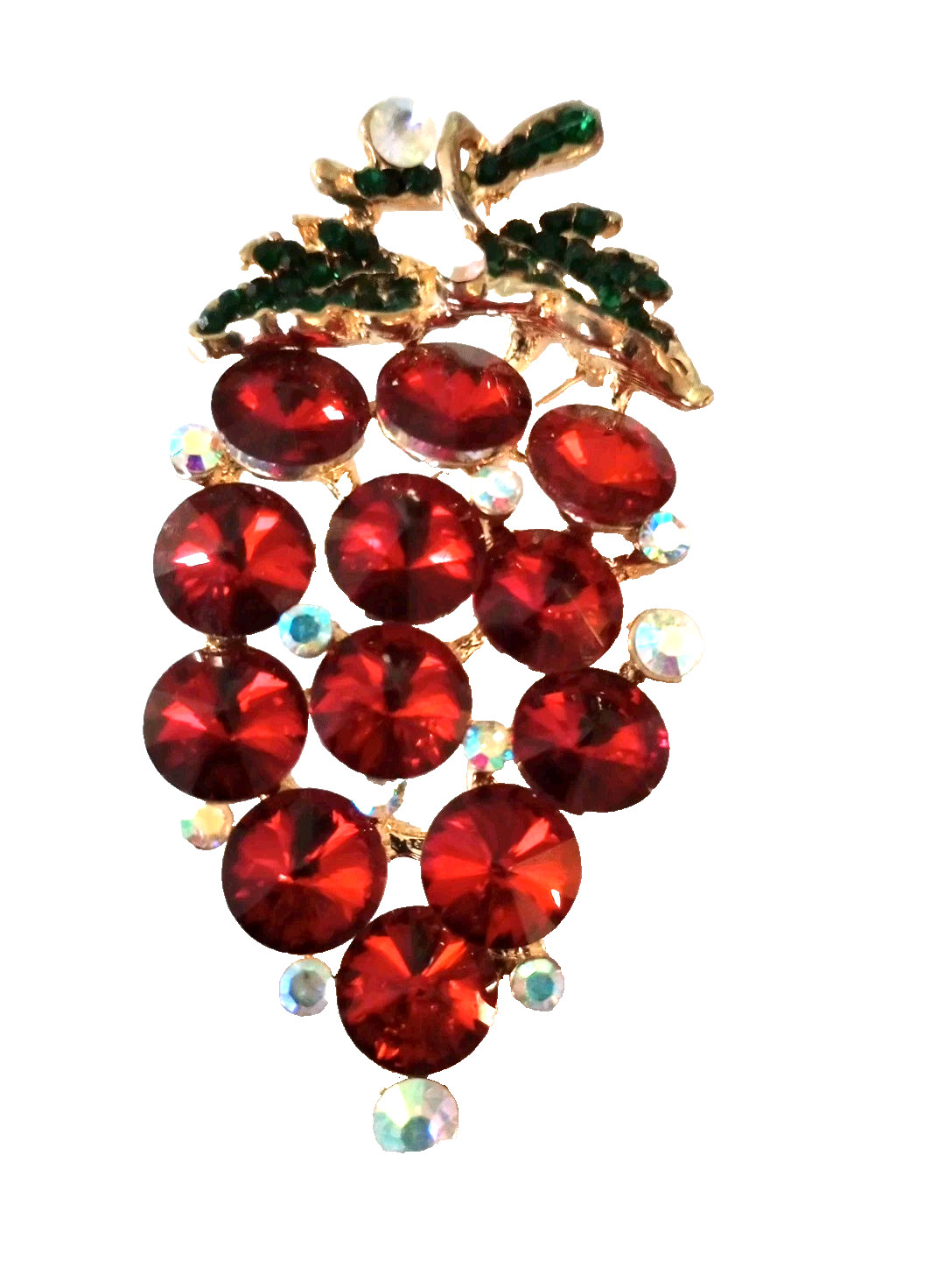 Vintage Red Crystal Brooch Grape Cluster Green Leaves 80s NOS Large 3 1/4 In