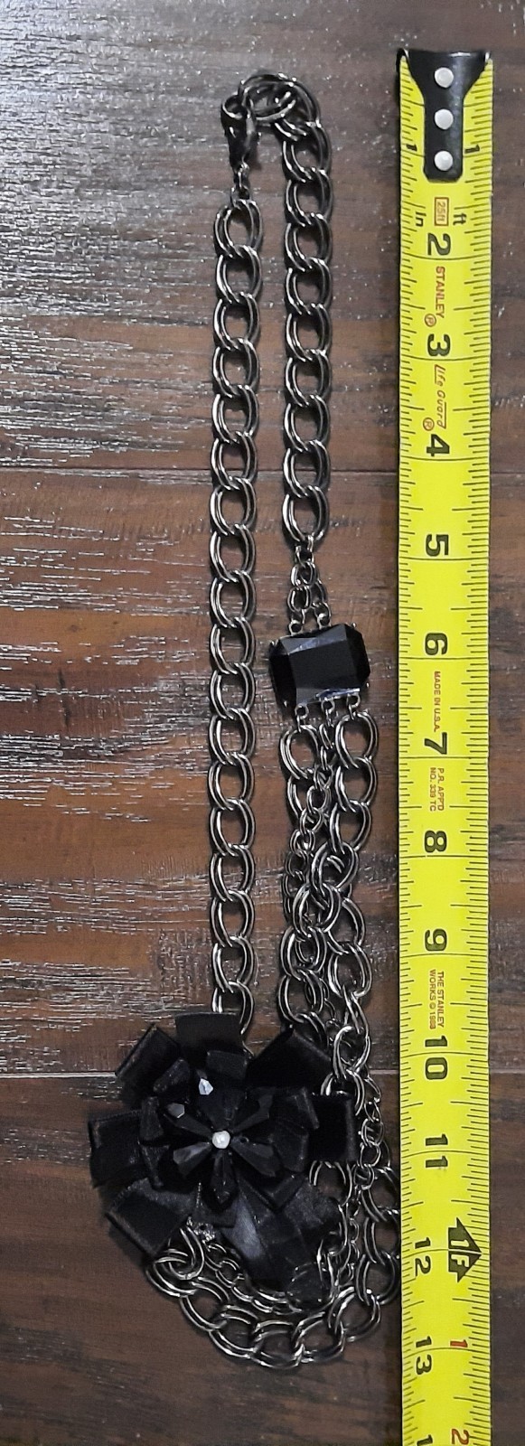 Vintage Mi-Amore Floral Bow 28″ Chain Necklace Black Chunky Statement Silvertone