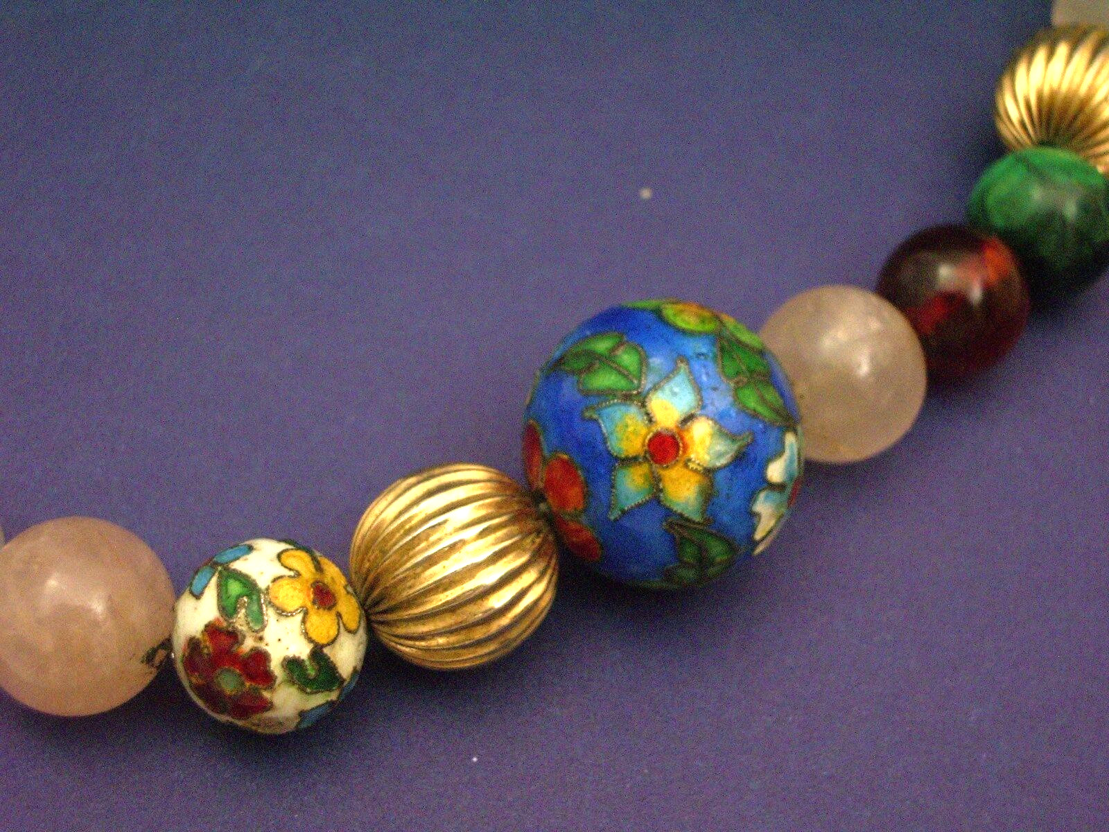 Venetian unique beaded necklace enamel malachite rose quartz stunning Estate
