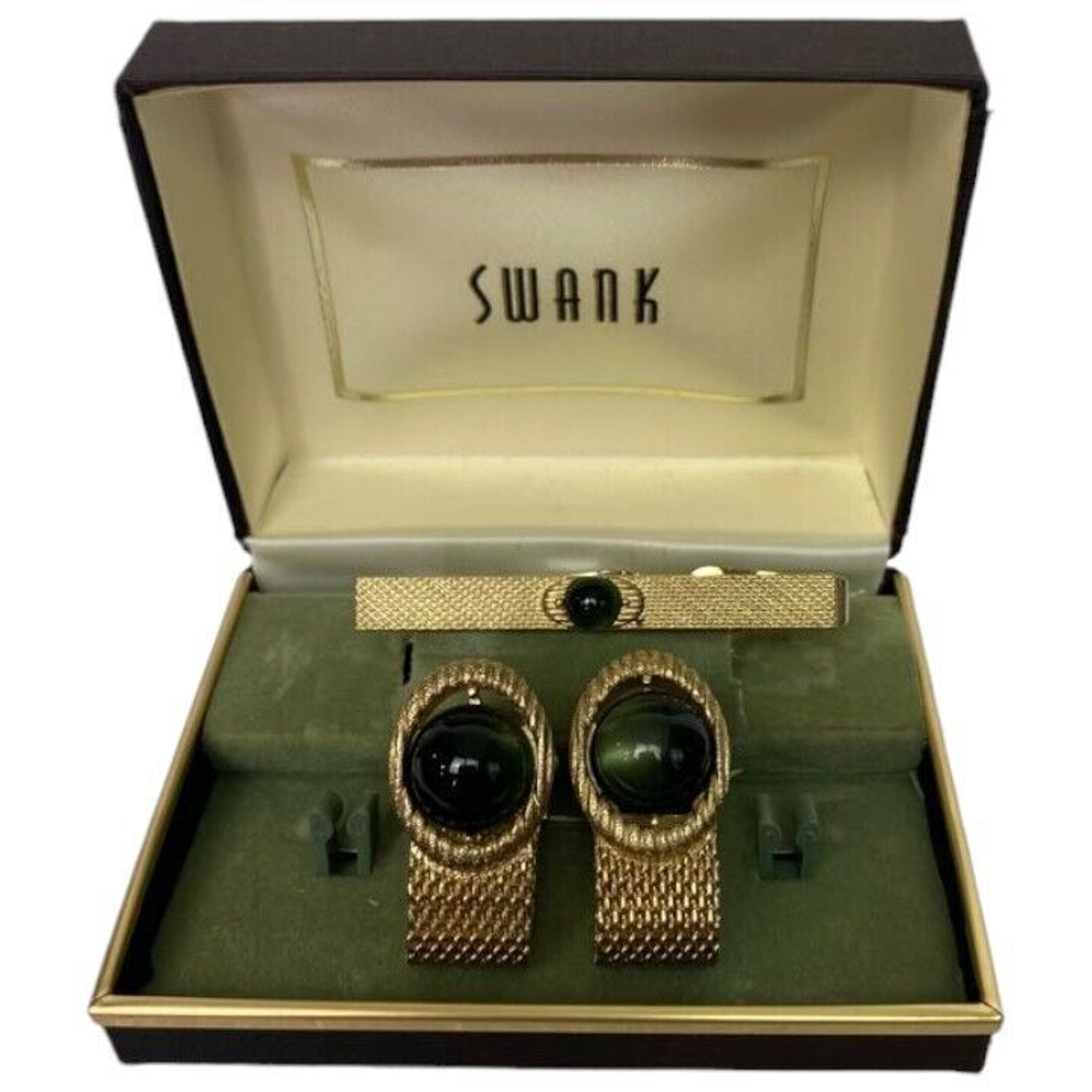 SWANK Green Cabochon Wraparound Mesh Fold over Cuff Links & Tie Clip Vintage