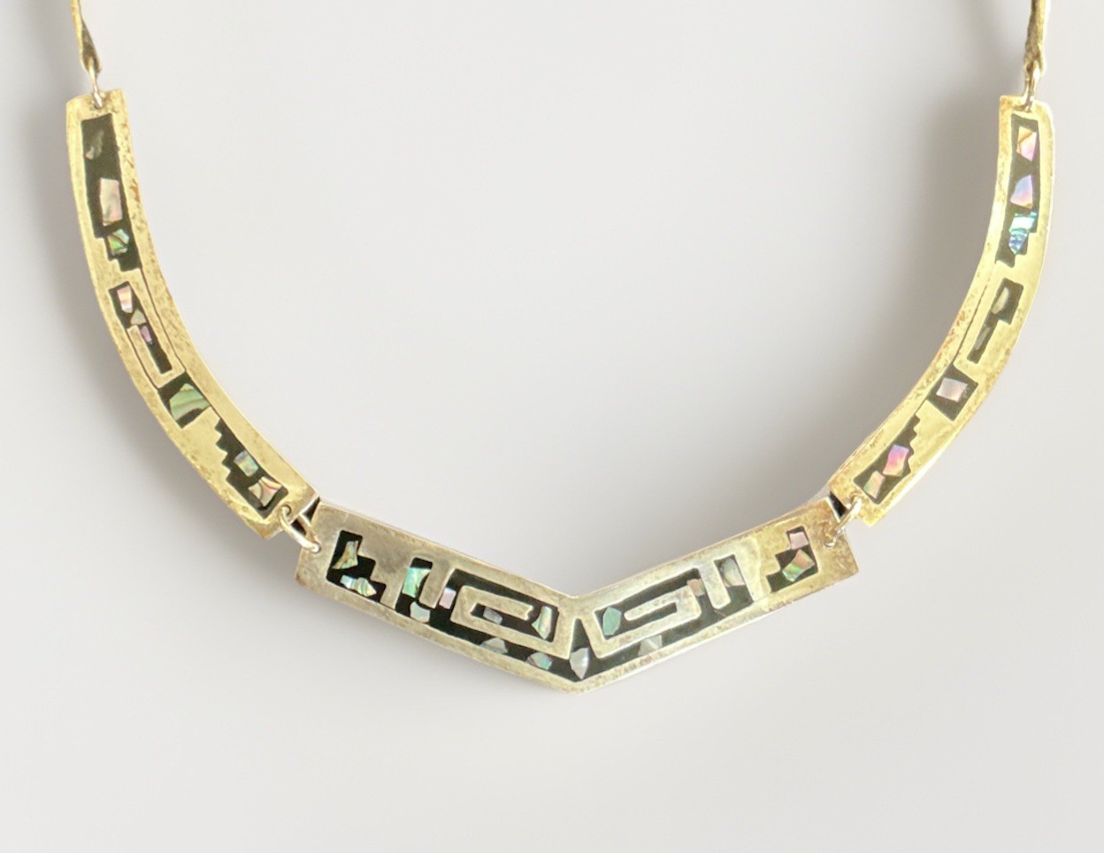 Vintage Alpaca Silver Mexico collar necklace with abalone shell inlay 16.5 in