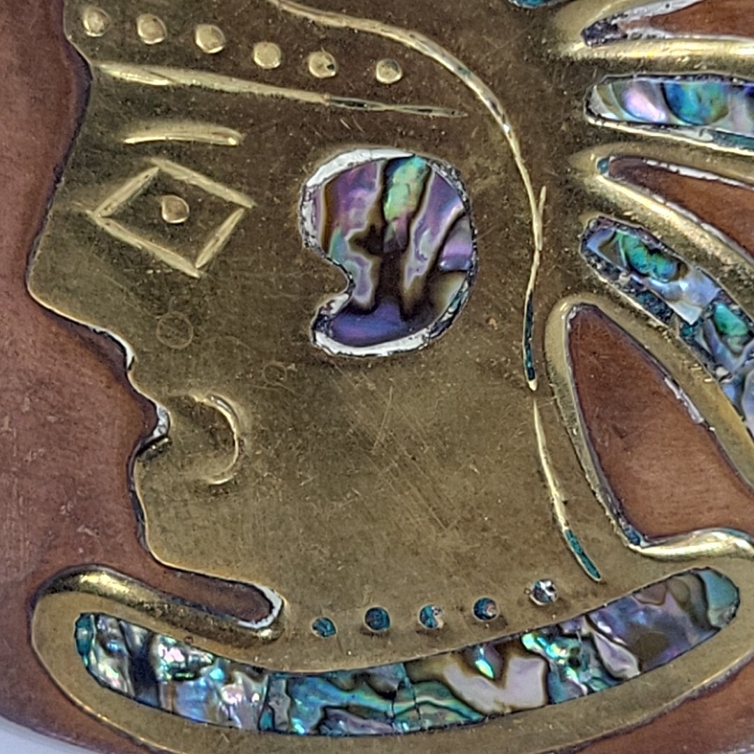 Vintage Copper Brass & Abalone Inlay Cuff Bracelet Boho Bohemian Folk Art Mexico