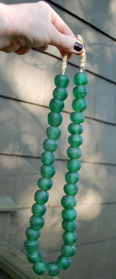 HUGE Recycled SEA GLASS STATEMENT NECKLACE Matte Green 23mm AFRICAN TRADE BEADS