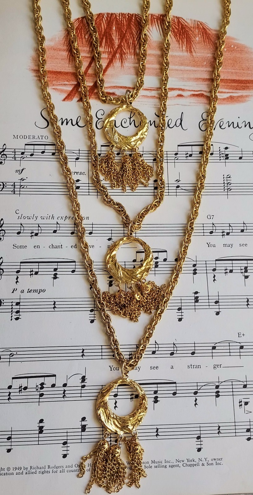 Vintage Multi Strand Festoon Tassel Necklace Circle Pendant Gold Tone Statement