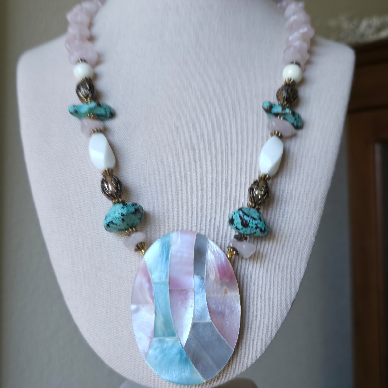 Vintage Necklace Earrings Set Acrylic Mosaic Shell Rose Quartz Howlite