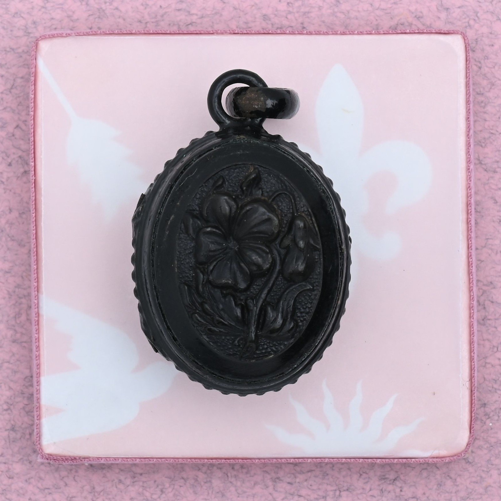 Antique Victorian Mourning Pansy Flower Puffy Double Sided Pendant Locket