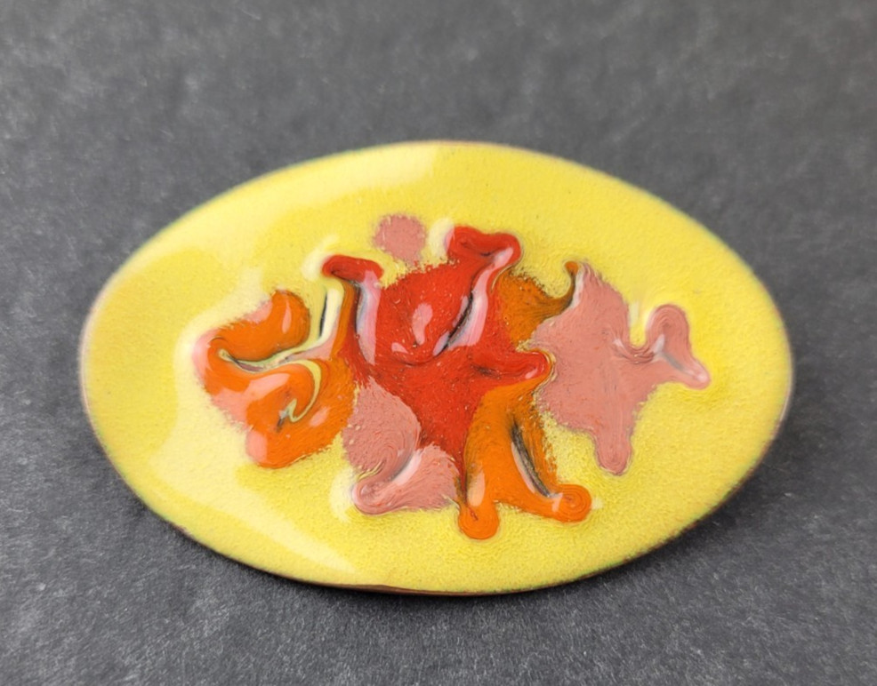 Vintage Copper Enamel Oval Brooch Fall Colors Yellow Orange Brown 2″